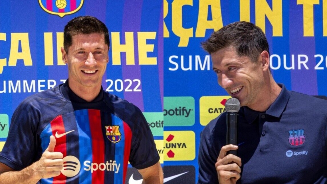 Barcellona, Lewandowski si presenta: show con maglia e microfono