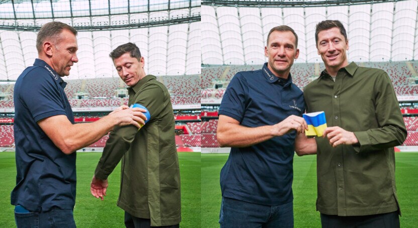 Shevchenko consegna la fascia dell'Ucraina a Lewandowski