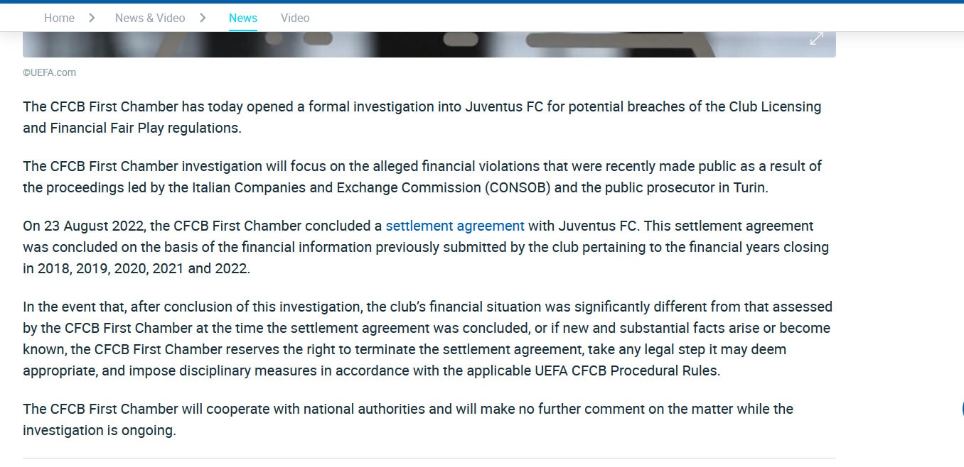 A Uefa está abrindo uma investigação sobre a Juventus por licenciamento e fair play financeiro