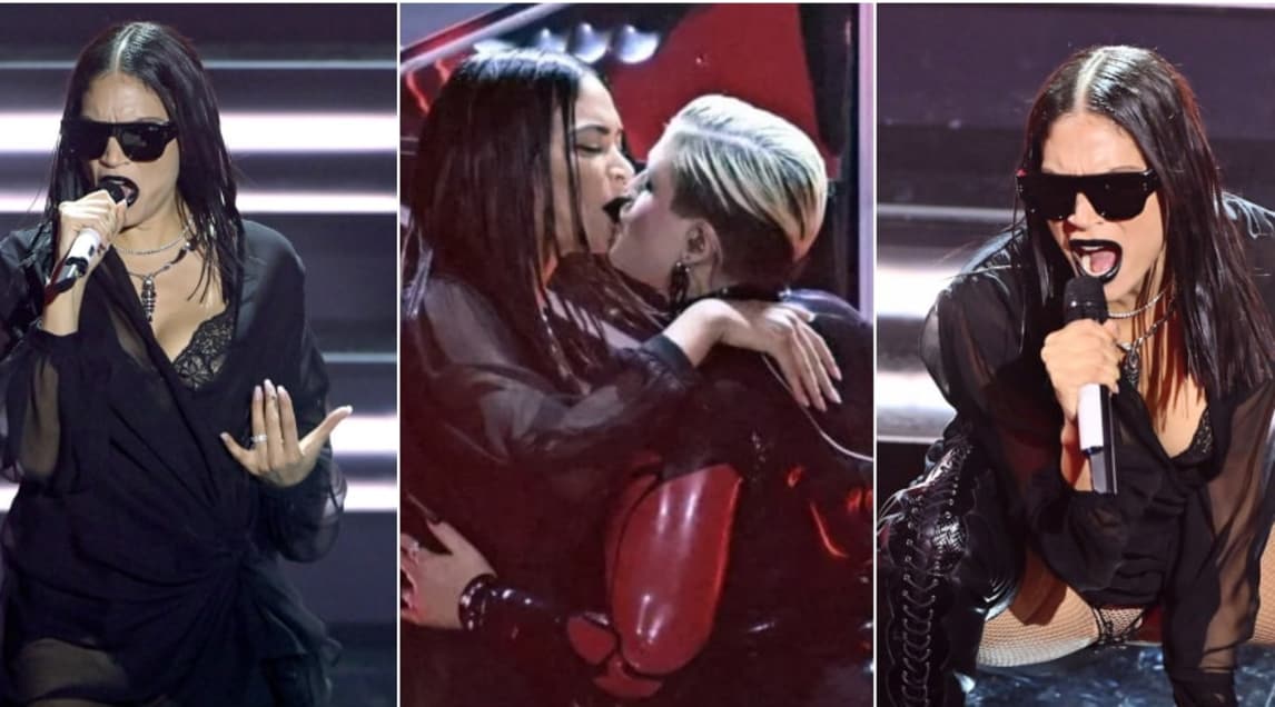Elodie scatenata: look aggressivo, trasparenze sexy e bacio con Big Mama a Sanremo