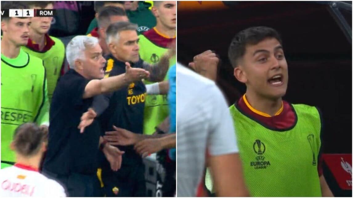 Dybala e Mourinho contro la panchina del Siviglia: momenti di tensione