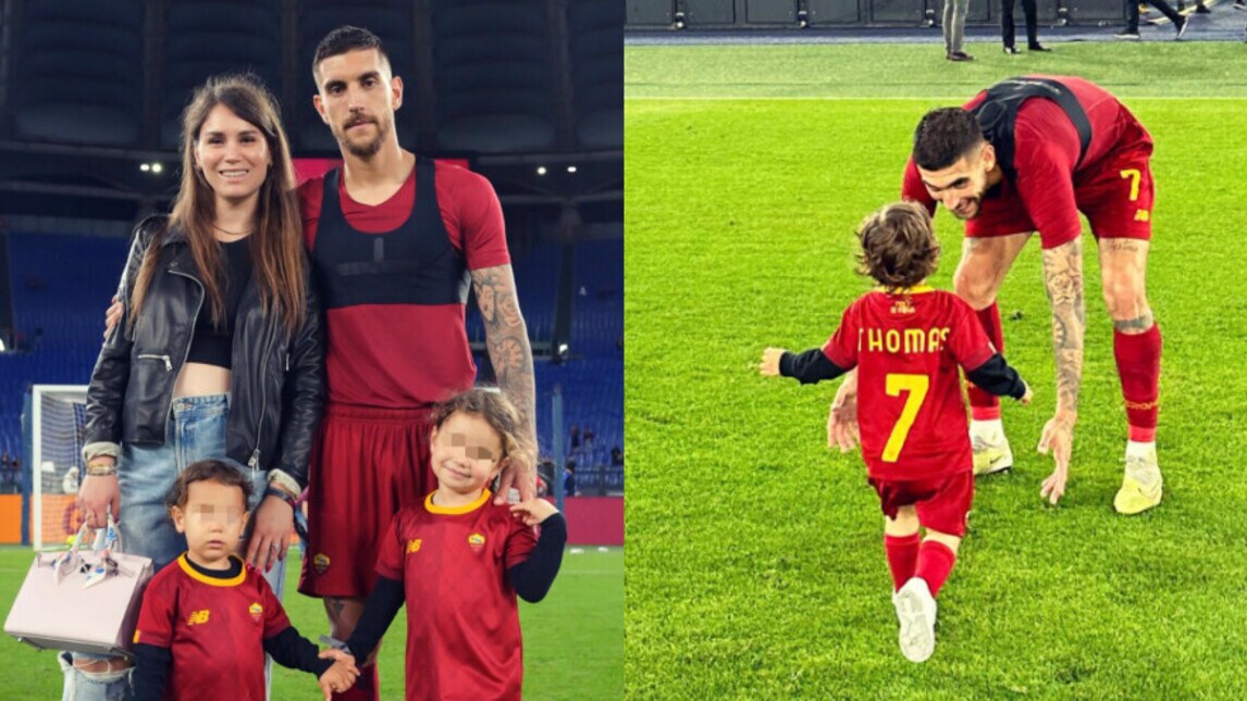 Roma, Pellegrini dolce papà: l'abbraccio in campo con Camilla e Thomas