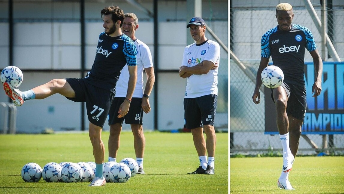 Osimhen-Kvaratskhelia, palleggi e sorrisi prima di Napoli-Real Madrid