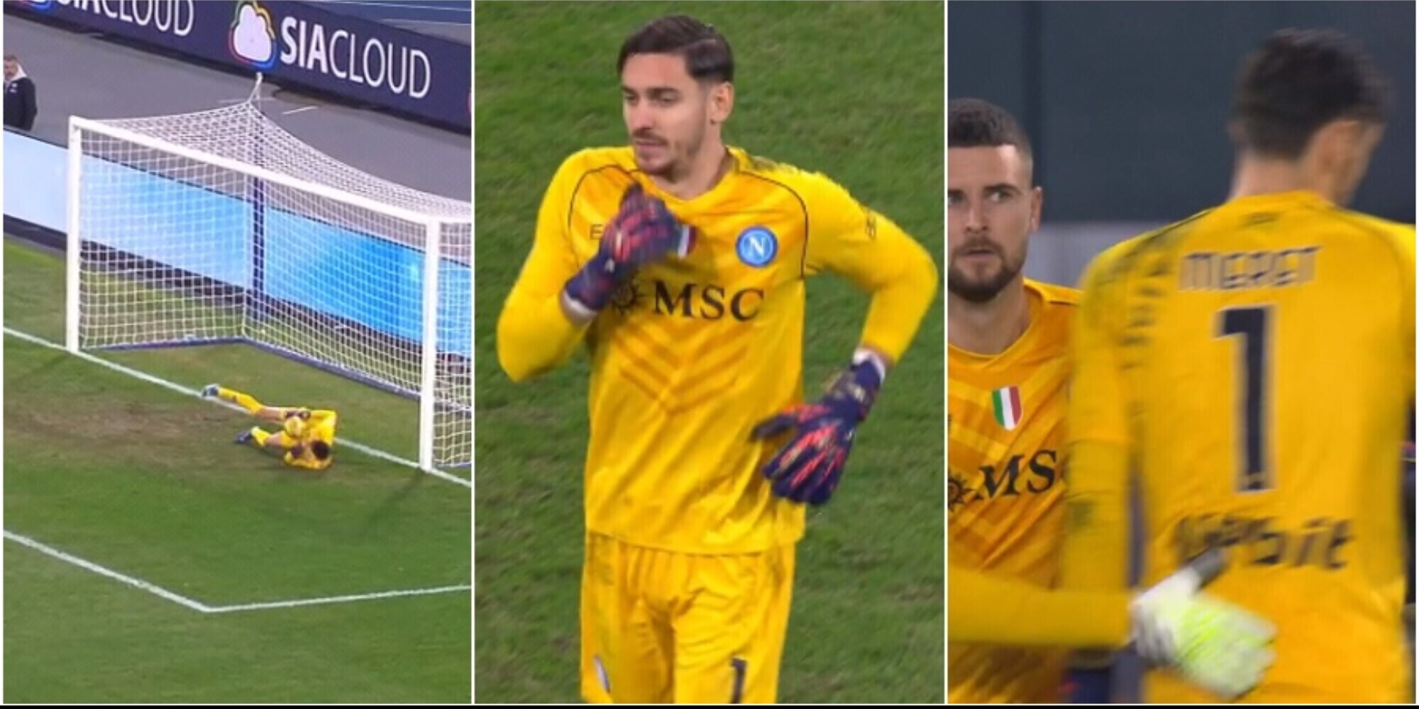 Napoli-Monza, i 5 minuti folli di Meret: si infortuna, para un rigore e poi esce