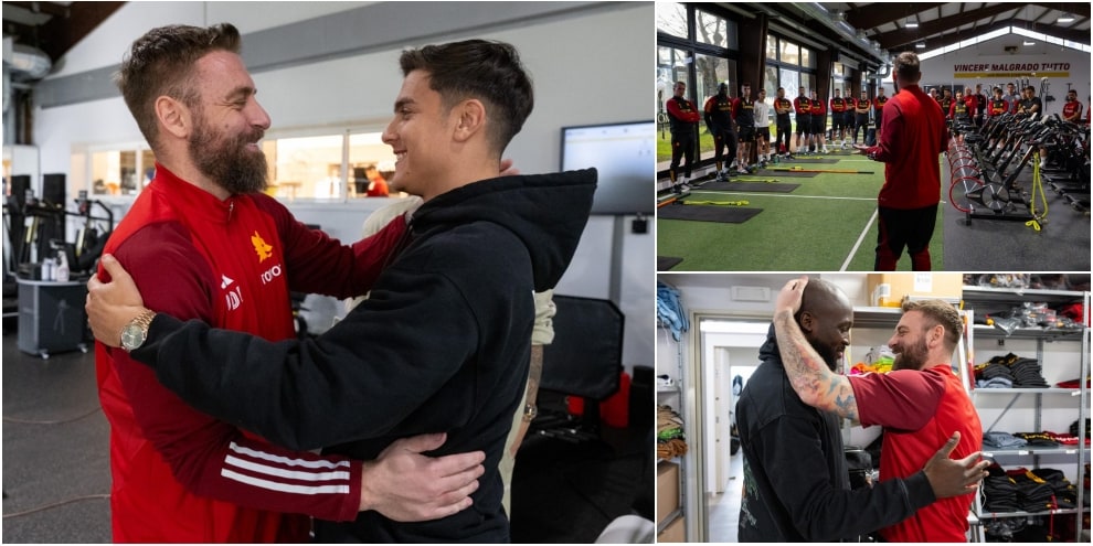 Roma, ecco De Rossi: abbraccio a Dybala e ai big, poi discorso alla squadra