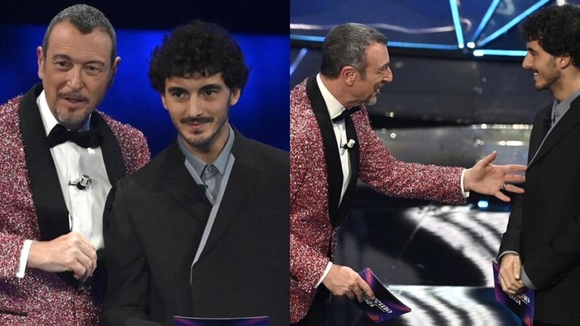 Sanremo, Bagnaia ospite: le foto sul palco con Amadeus