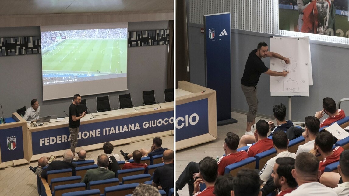 De Rossi a lezione da De Zerbi a giugno: le foto da Coverciano