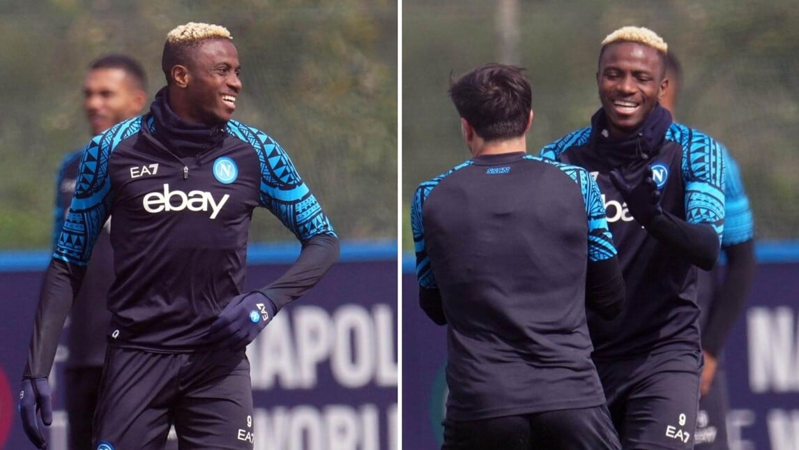 Osimhen, sorrisi coi compagni prima di Barcellona-Napoli: le foto