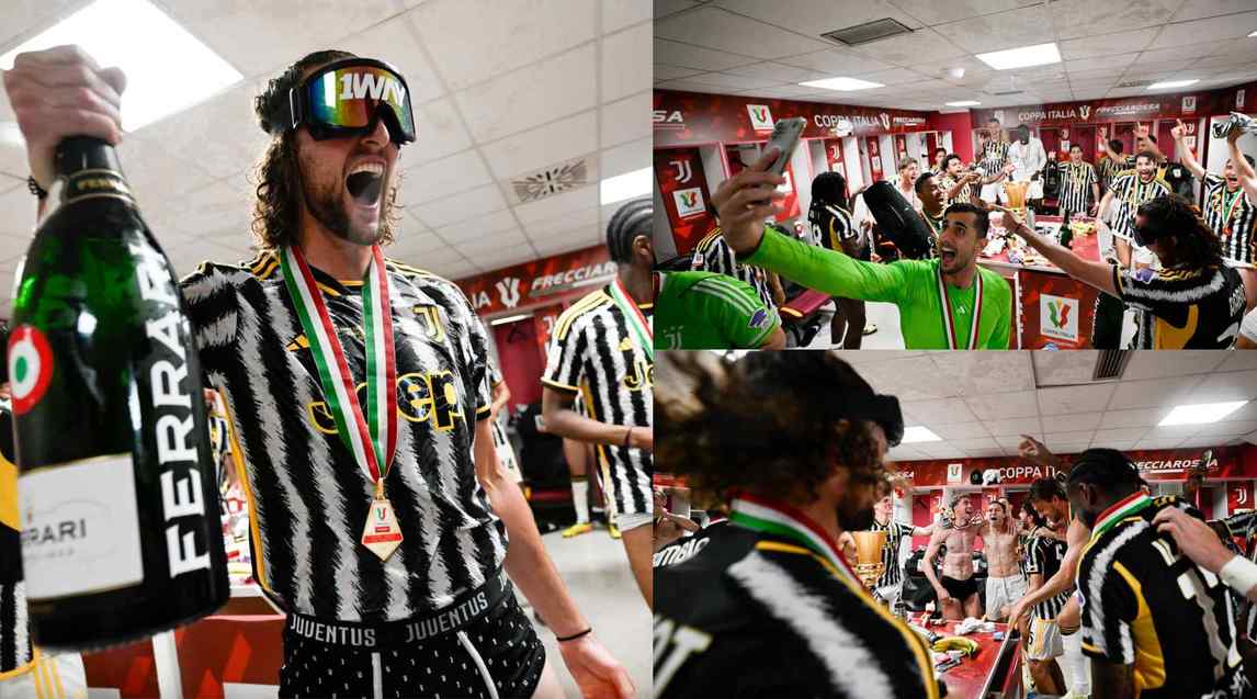 Juve, festa sfrenata nello spogliatoio tra spumante e una maschera da snowboard