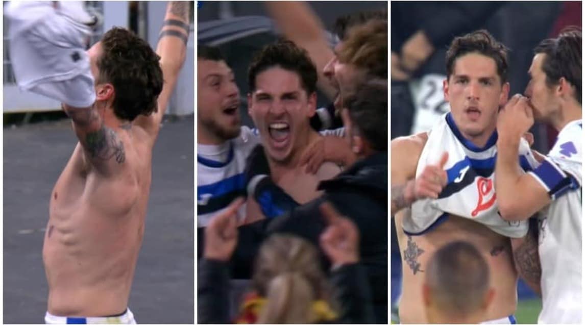 Zaniolo segna alla Roma ed esulta togliendosi la maglia