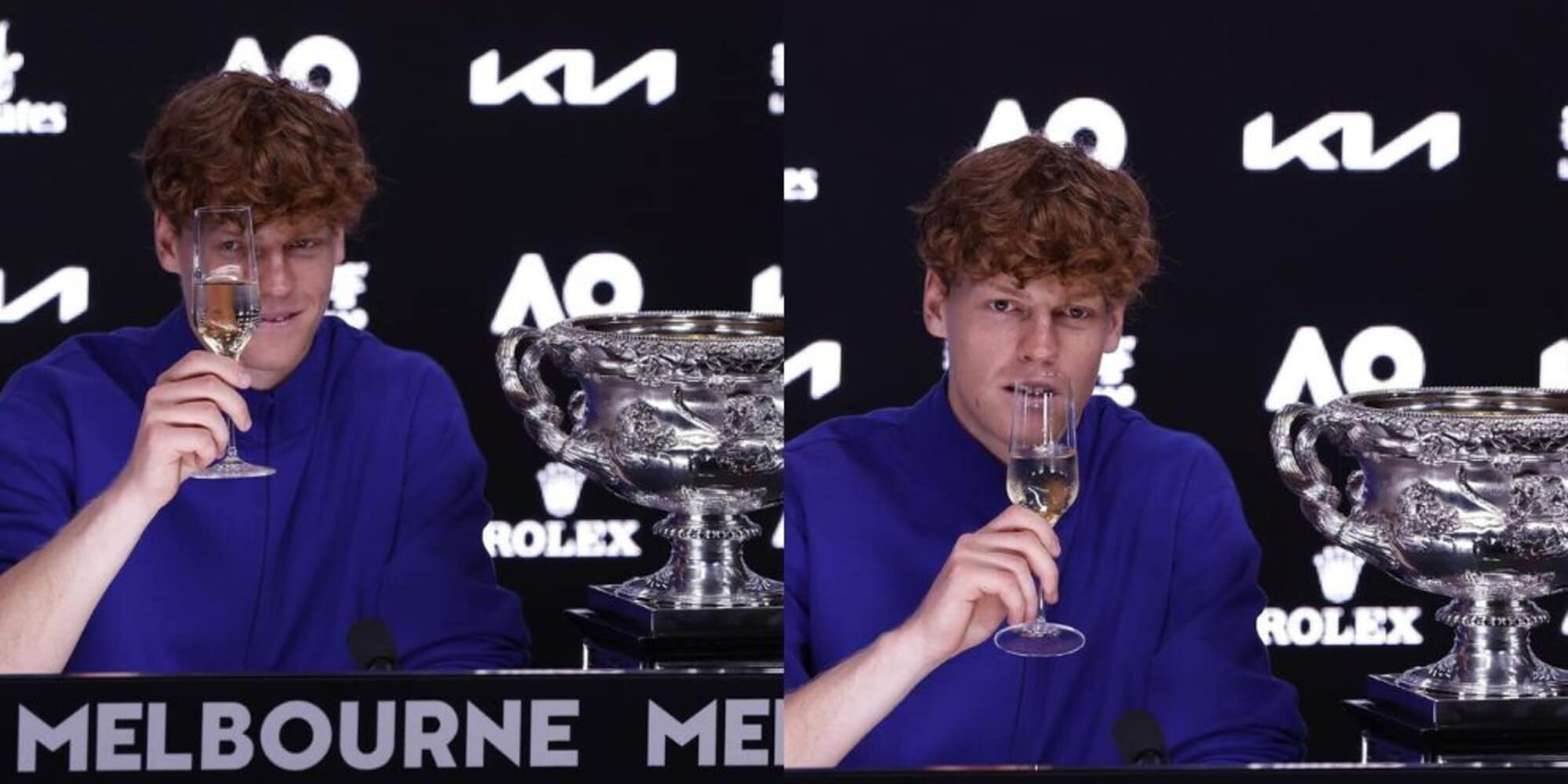 Finalmente relax: Sinner in conferenza stampa si concede un bicchiere di champagne