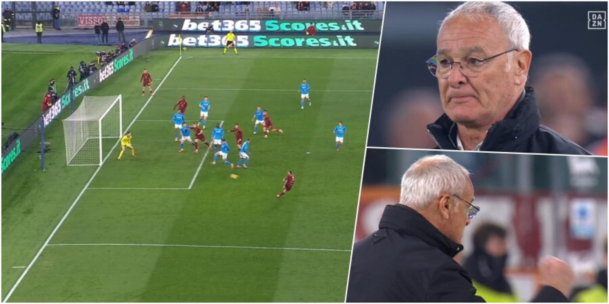 Ranieri, l'esultanza al gol di Angelino in Roma-Napoli