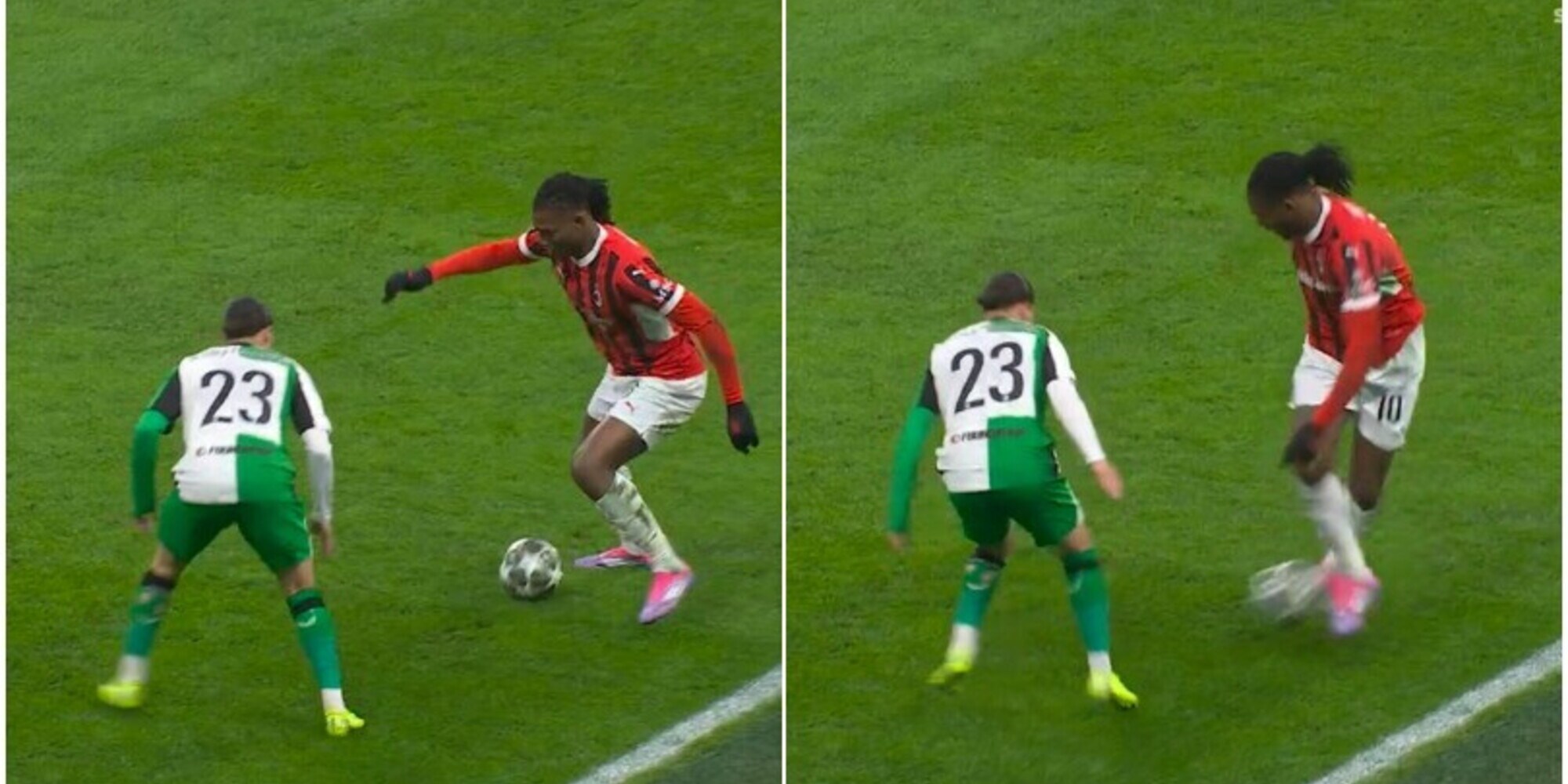Il dribbling impossibile di Leao durante Milan-Feyenoord: l'avversario resta immobile