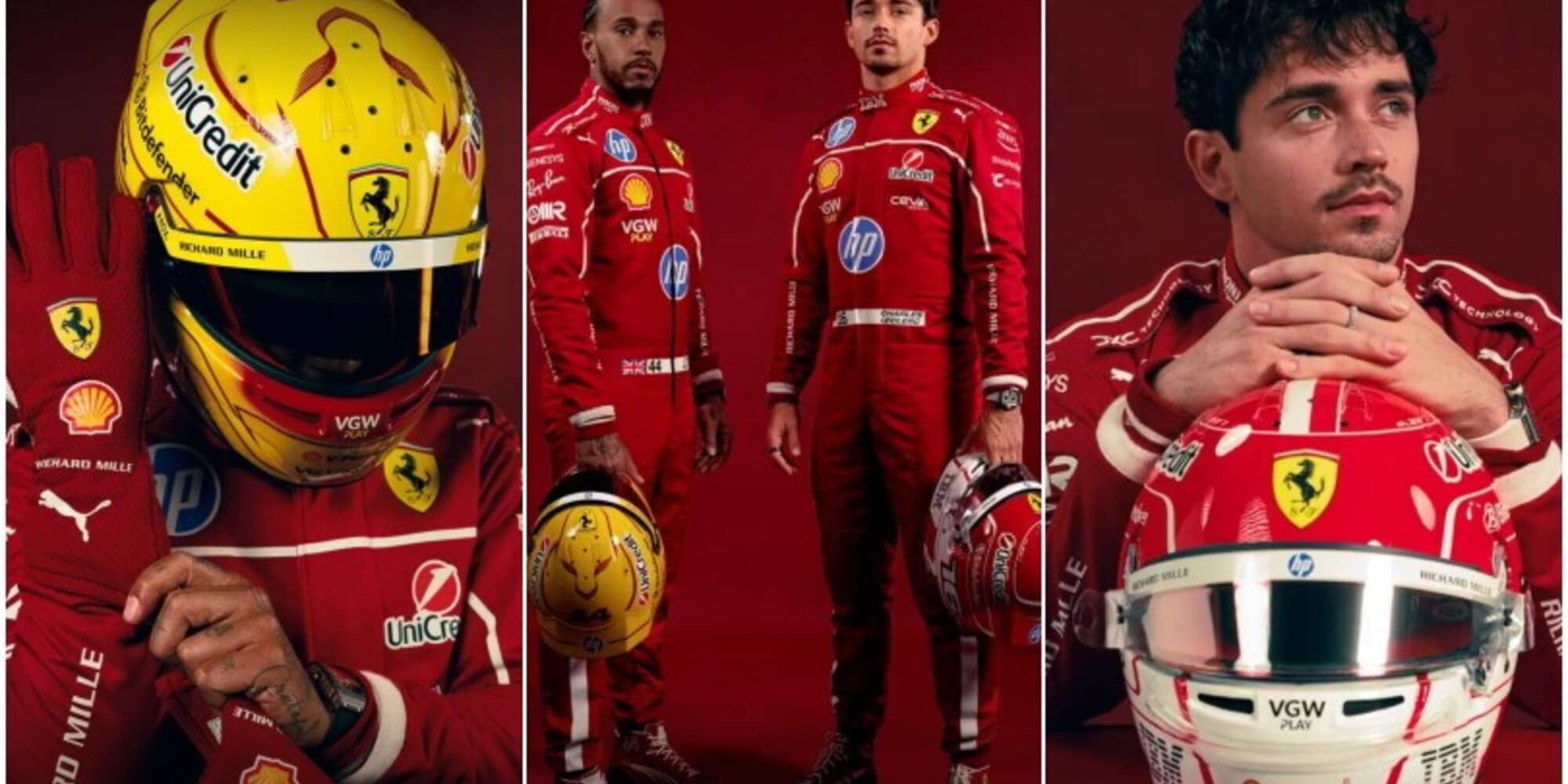 Hamilton e Leclerc, le foto ufficiali in Ferrari: svelati i loro caschi