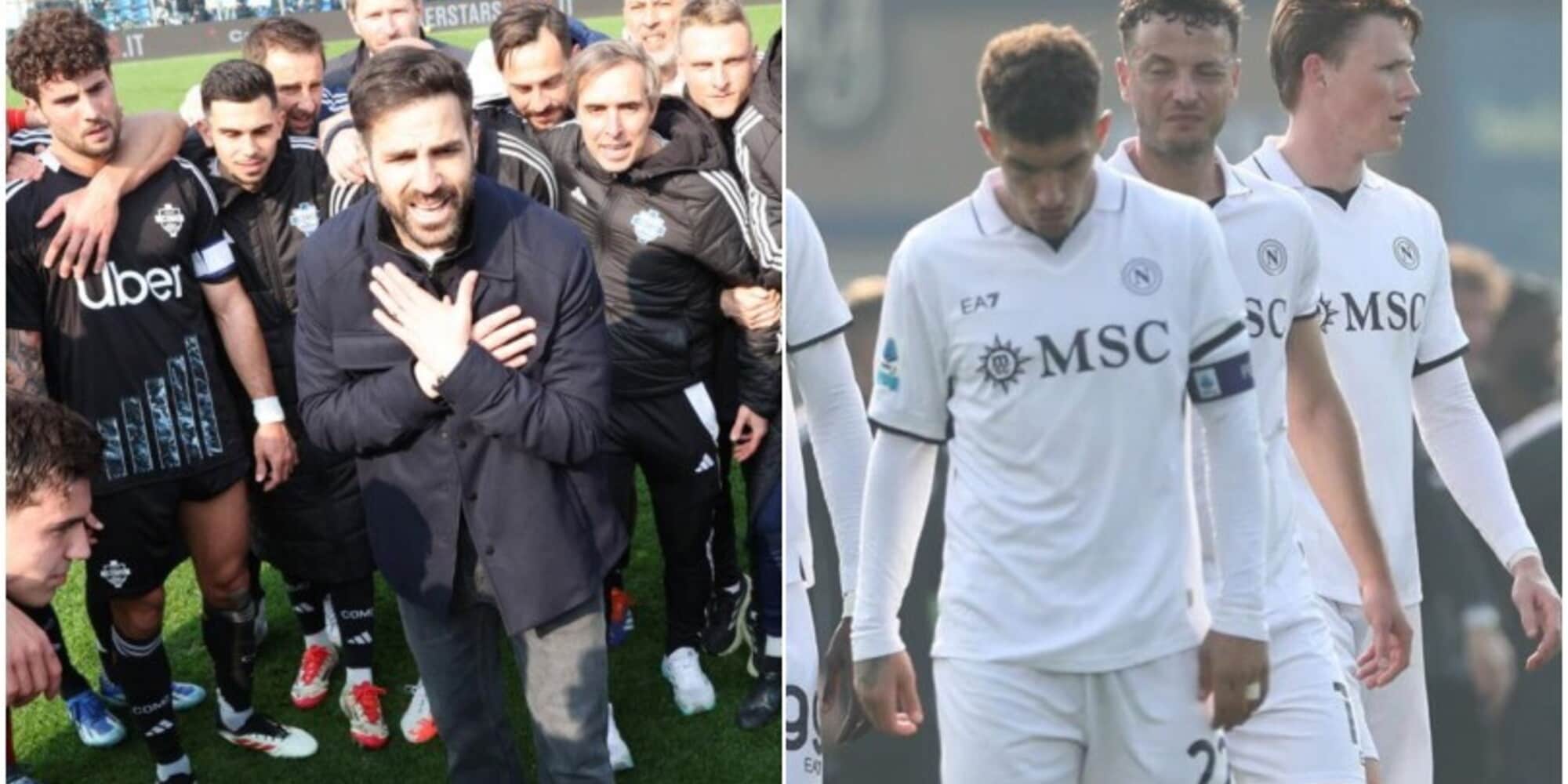 Il Como esulta intorno a Fabregas. Napoli, sguardi bassi in campo: emozioni agli opposti alla fine della partita 
