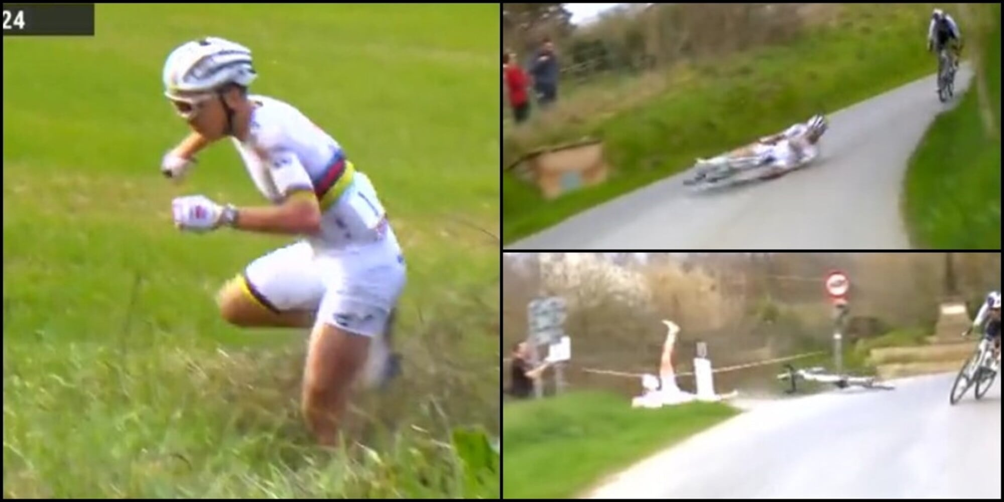 Pogacar sbaglia la curva: le foto della caduta nel fosso alle Strade Bianche