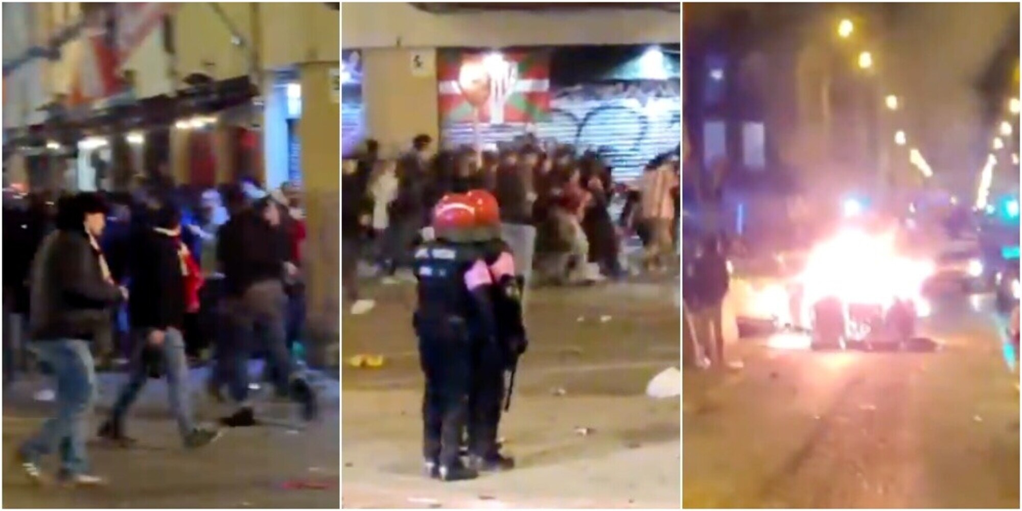 Athletic Bilbao-Roma, scontri in città dopo la partita: cassonetti in fiamme, interviene la polizia