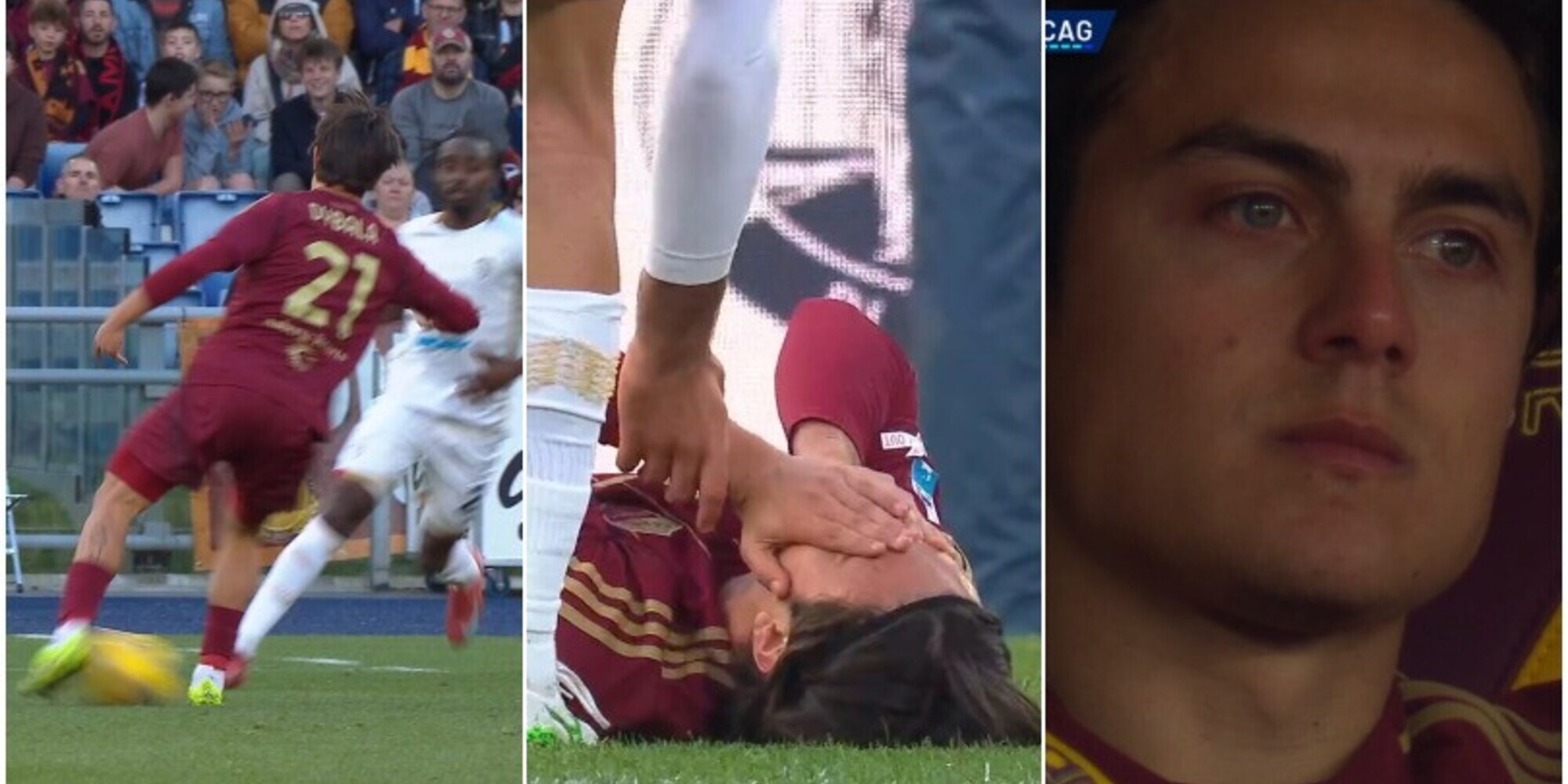 Dybala si fa male dopo un colpo di tacco: costretto a uscire, lacrime in panchina