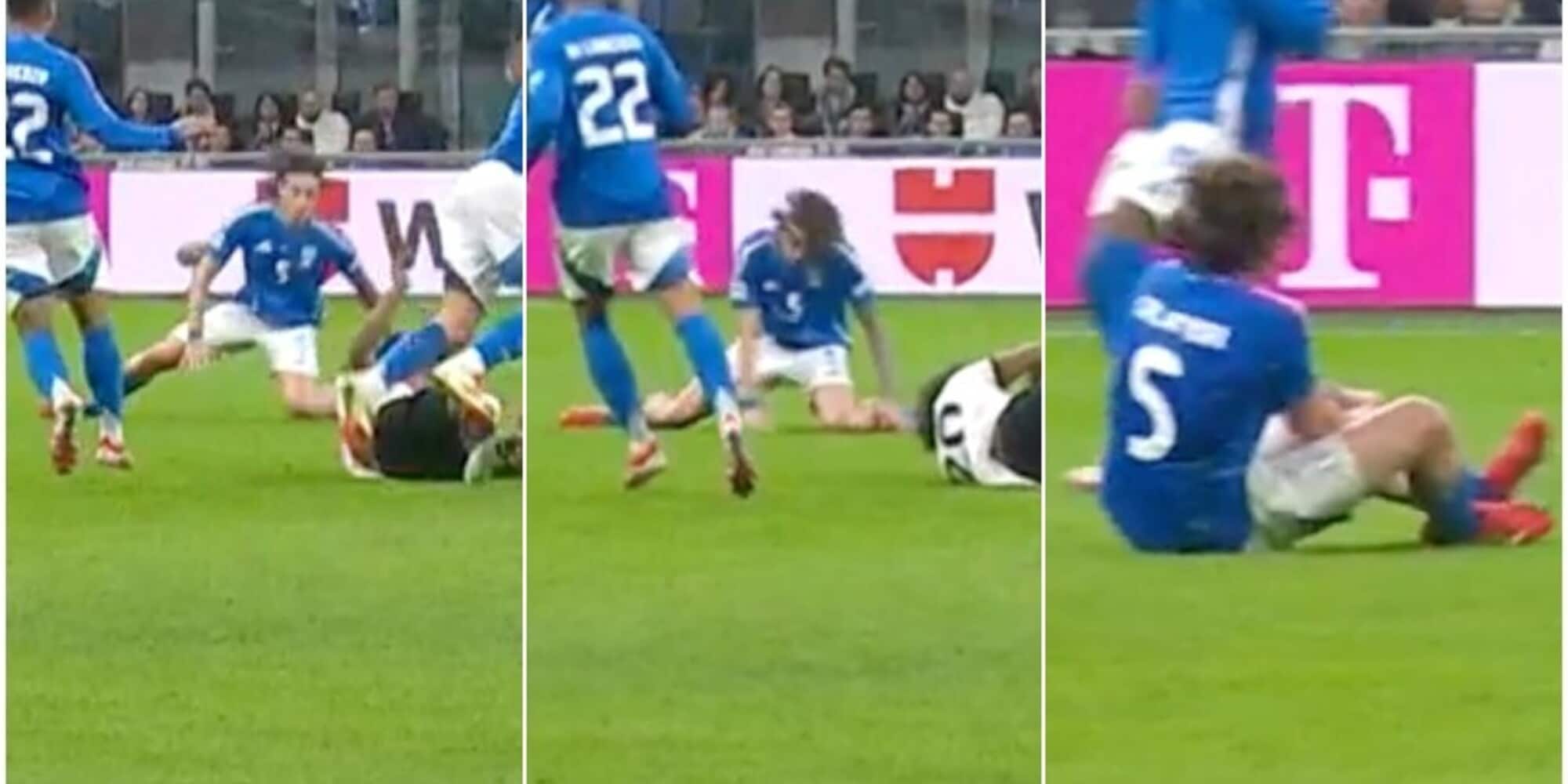 Calafiori scivola e il ginocchio si piega: paura a San Siro nel finale di Italia-Germania