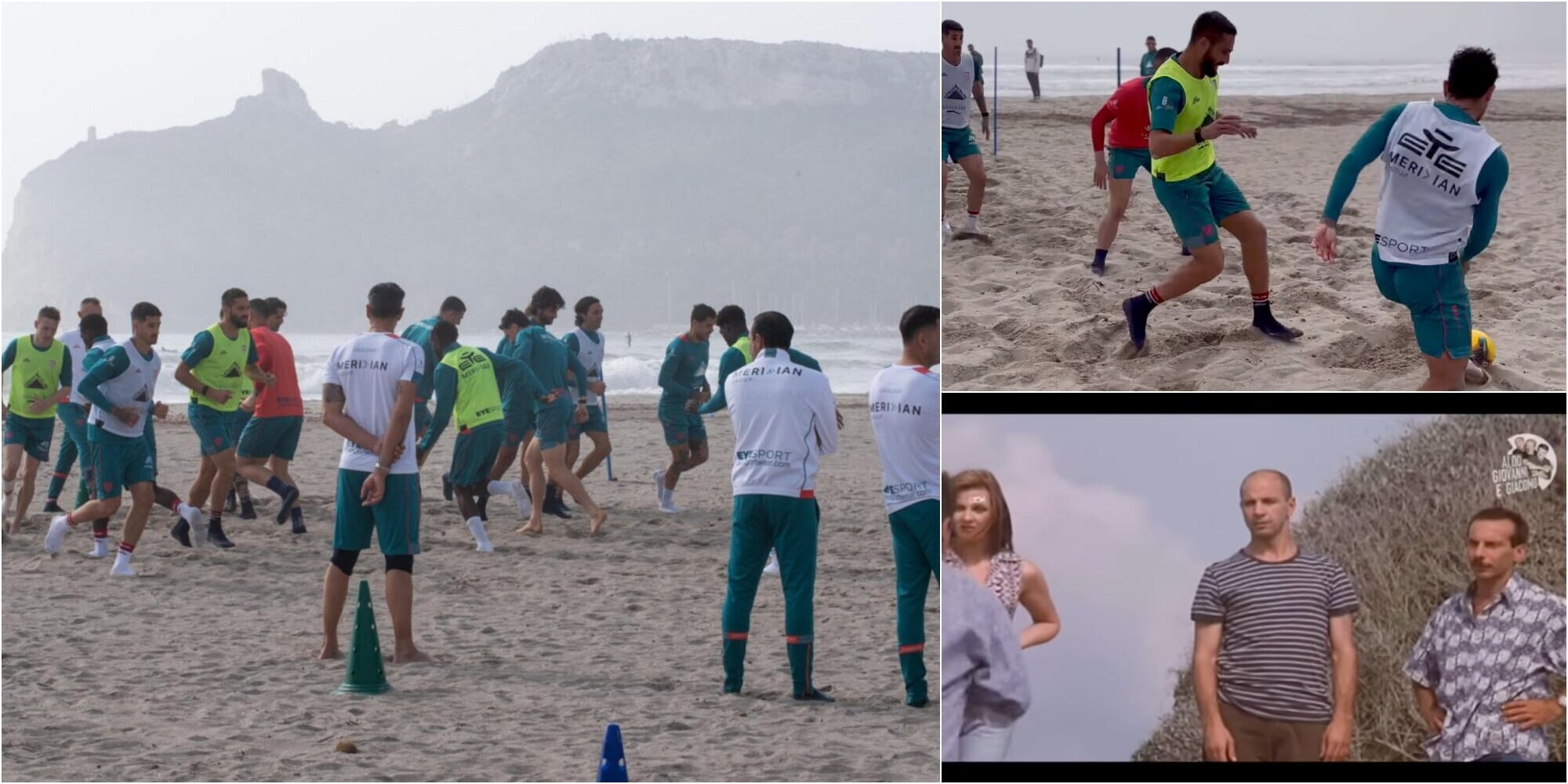 Cagliari, l'allenamento speciale in spiaggia e la citazione di Tre uomini e una gamba
