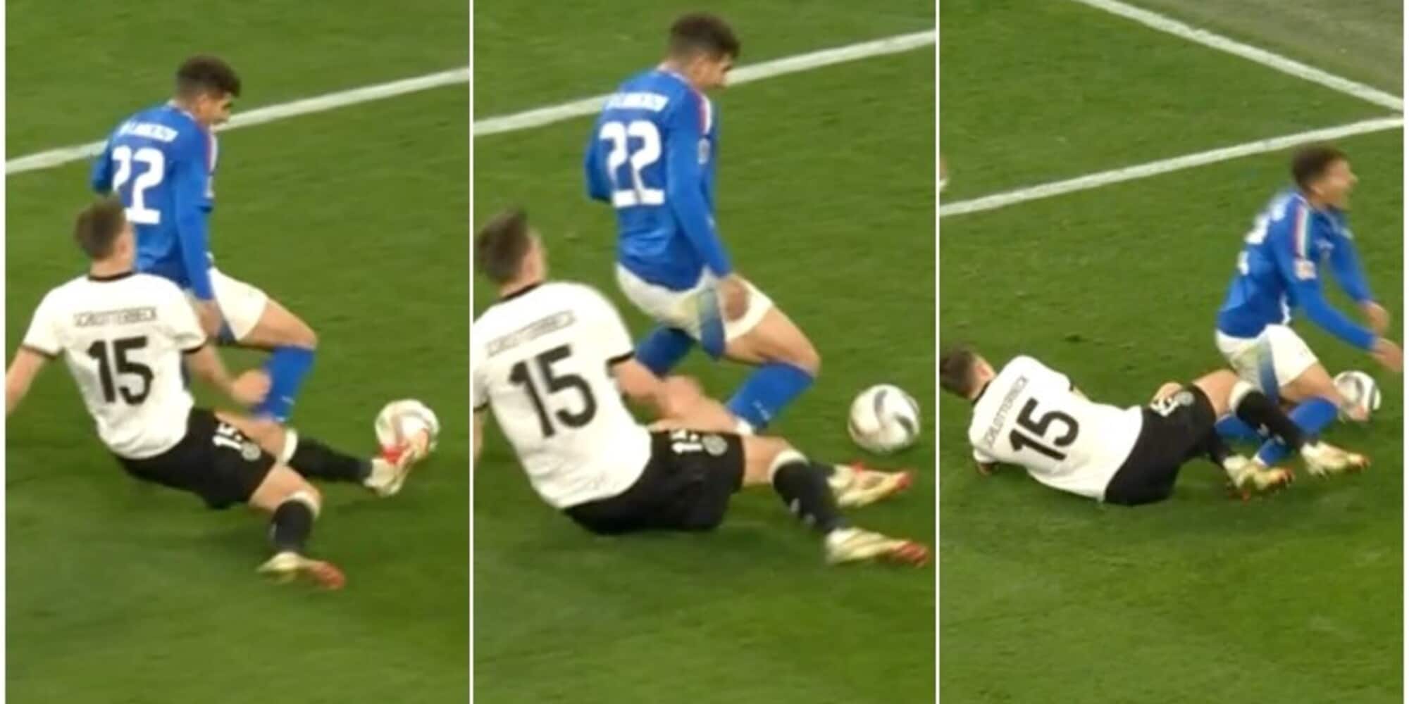 Il fallo su Di Lorenzo in Germania-Italia: l'arbitro prima fischia il rigore, poi lo toglie dopo il Var Review