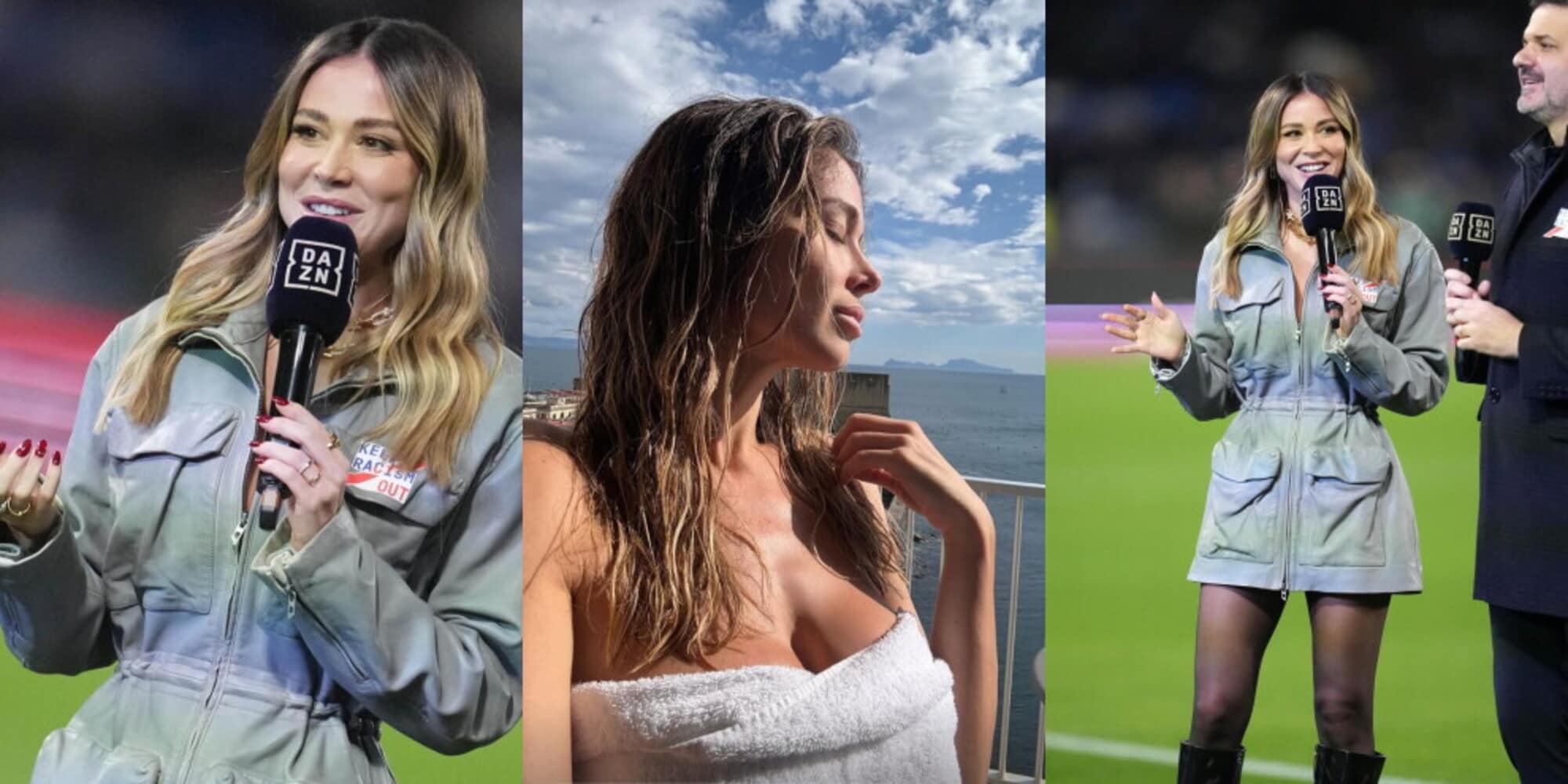 Diletta Leotta splende per Napoli-Milan: prima l'accappatoio e poi l'abitino in pelle