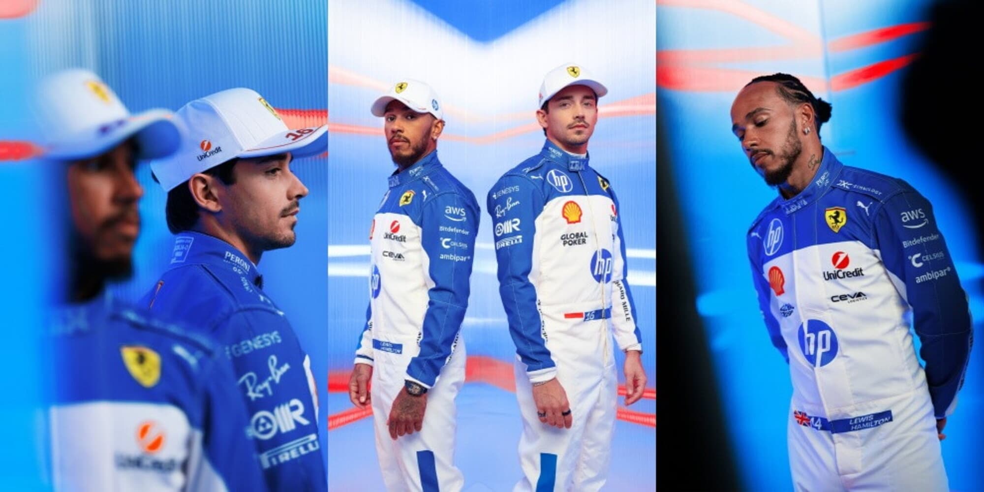 La Ferrari si tinge di bianco e blu per il GP di Miami: le nuove divise di Hamilton e Leclerc