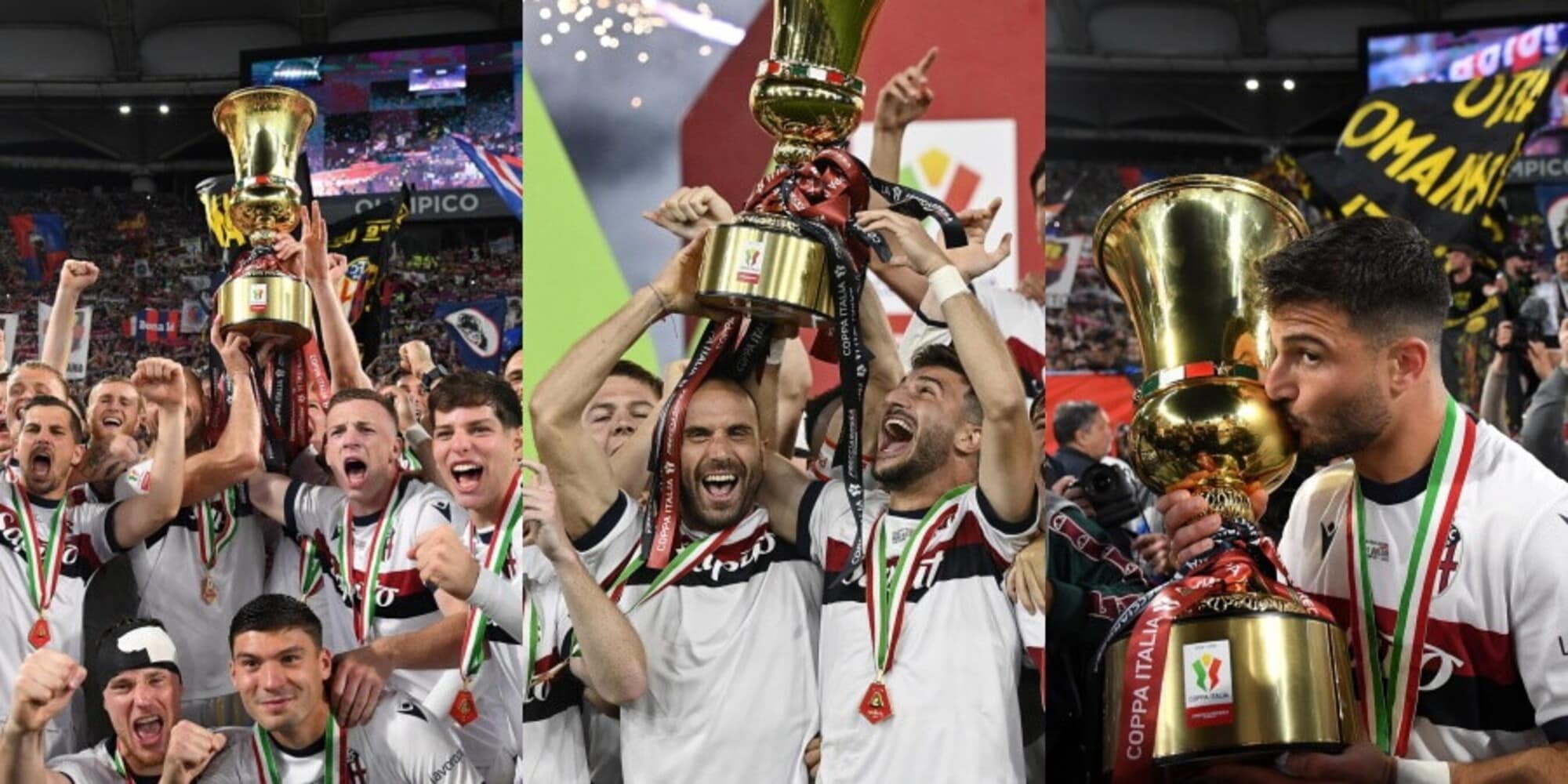 Trionfo Bologna, la festa in campo con la Coppa Italia: giocatori scatenati