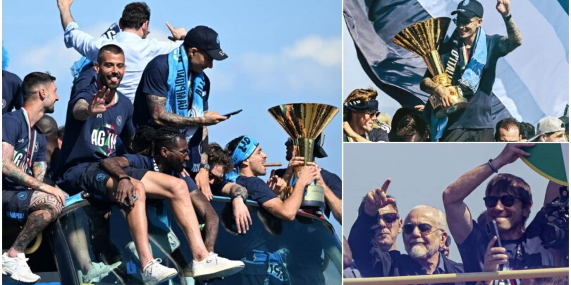 Napoli, delirio sul pullman: Conte, De Laurentiis e i giocatori scatenati. Tutte le foto