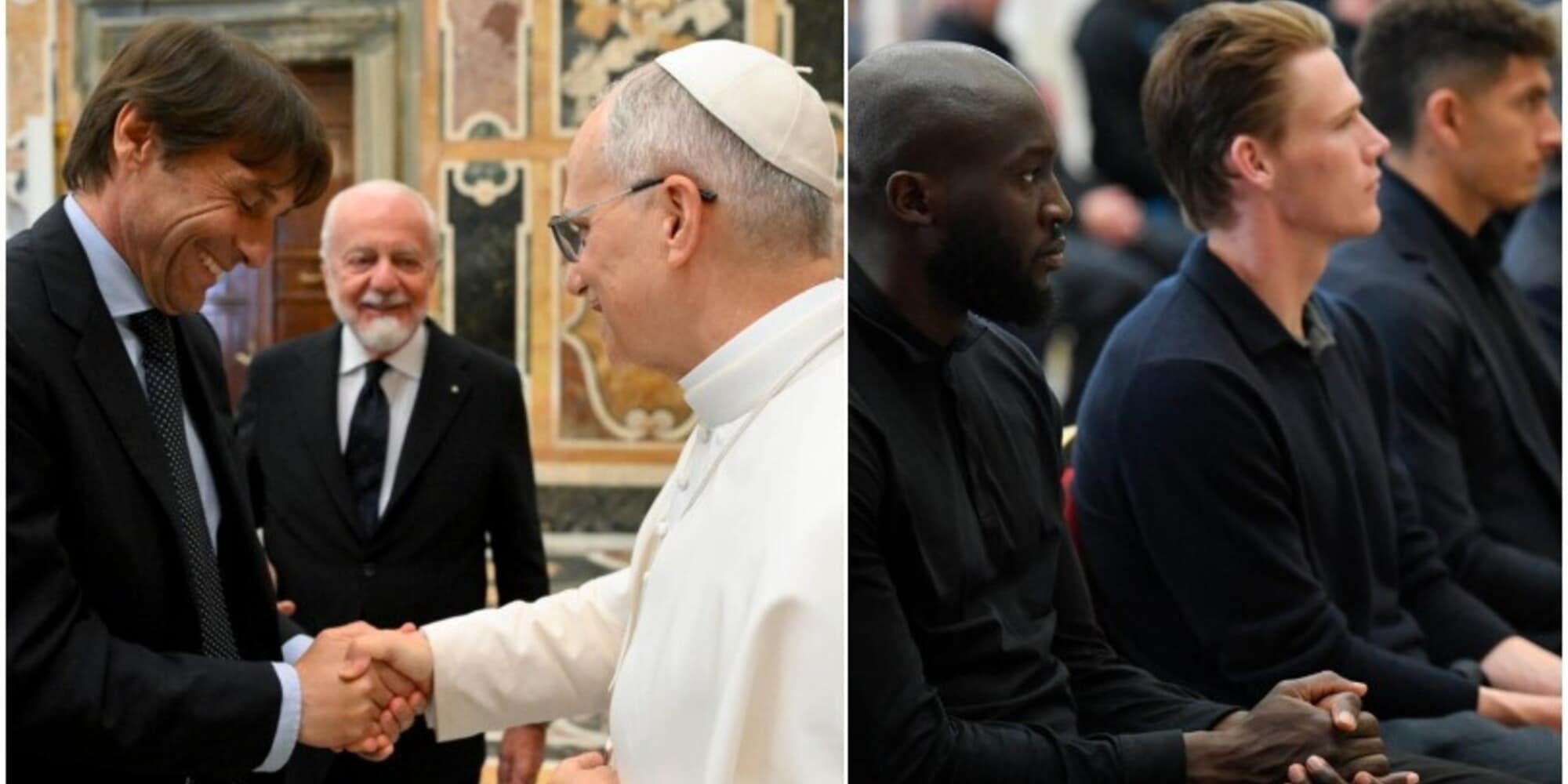 Il Papa accoglie il Napoli in Vaticano: la stretta di mano con Conte e De Laurentiis. Tutte le foto