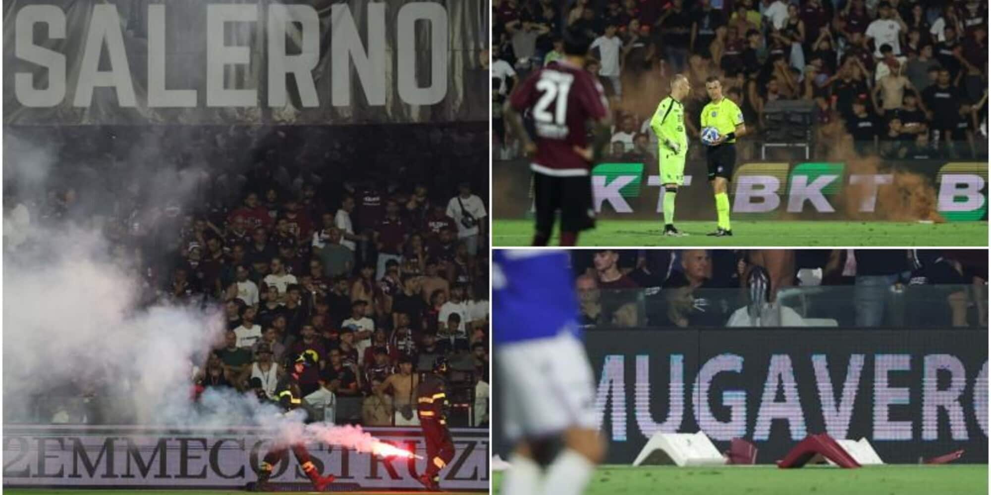 Caos a Salerno: petardi e seggiolini in campo. Gara sospesa