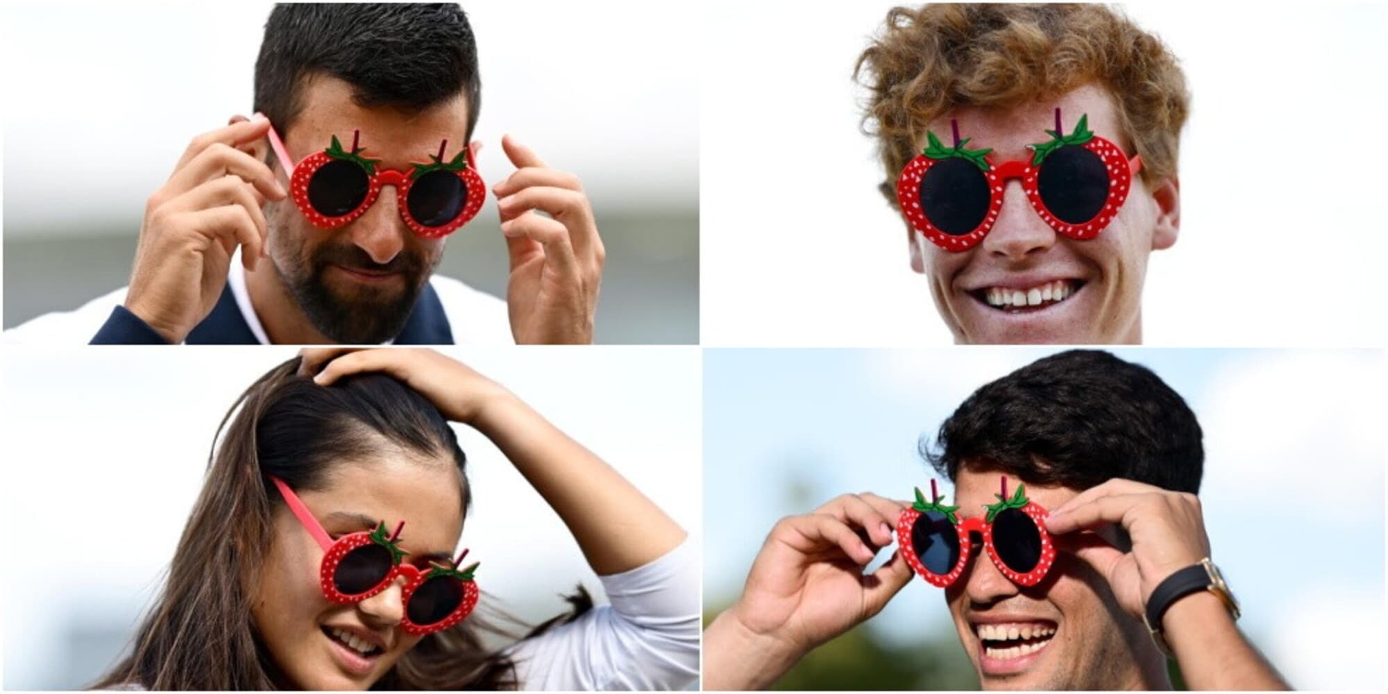 Sinner, Alcaraz, Djokovic e Raducanu in posa a Wimbledon: che look con gli occhiali a forma di fragola!