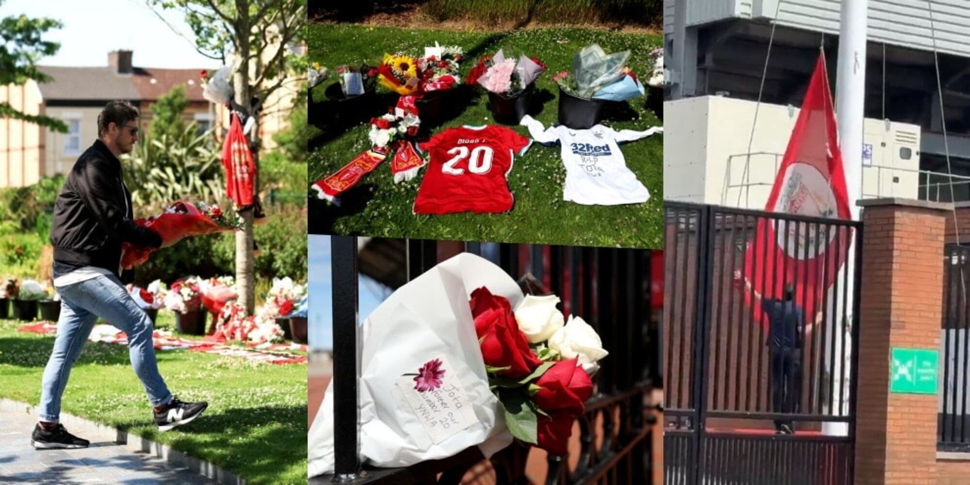 Fiori, maglie, sciarpe e bandiera a mezz'asta per Diogo Jota ad Anfield
