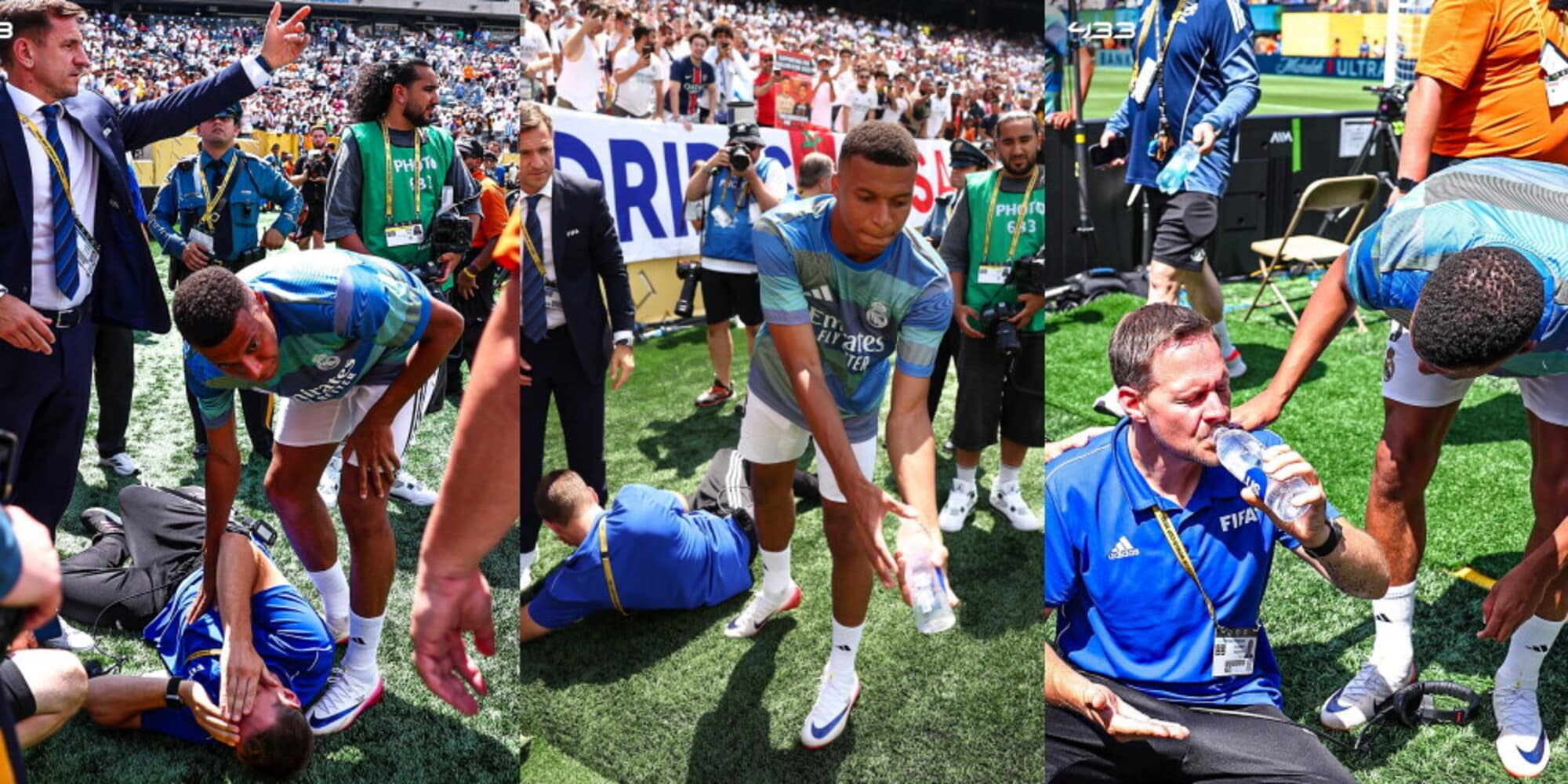 Mbappé mette ko un uomo a bordocampo e corre spaventato, poi il gesto da campione
