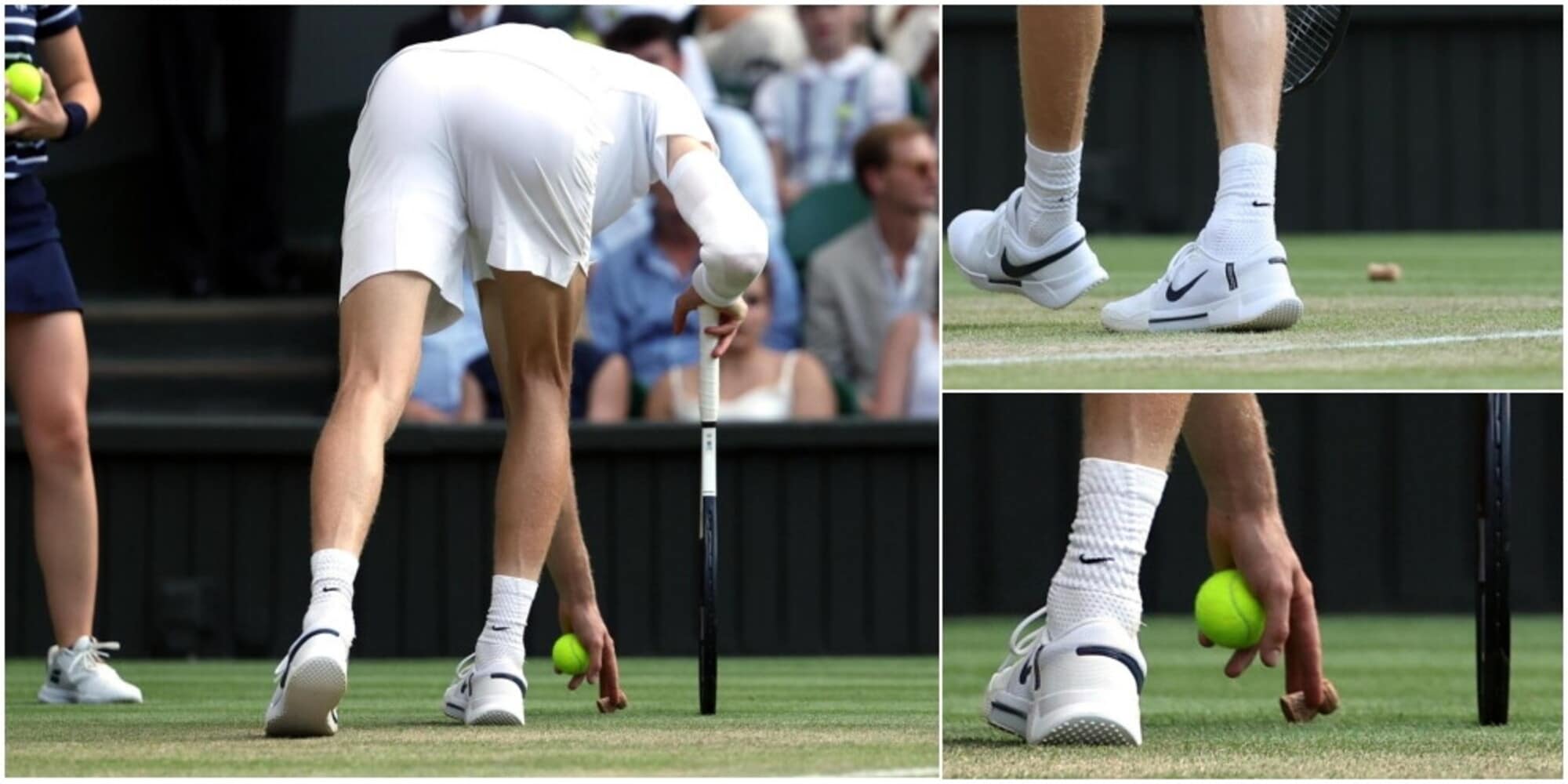 Wimbledon, un tappo di champagne vola in campo: Sinner lo raccoglie