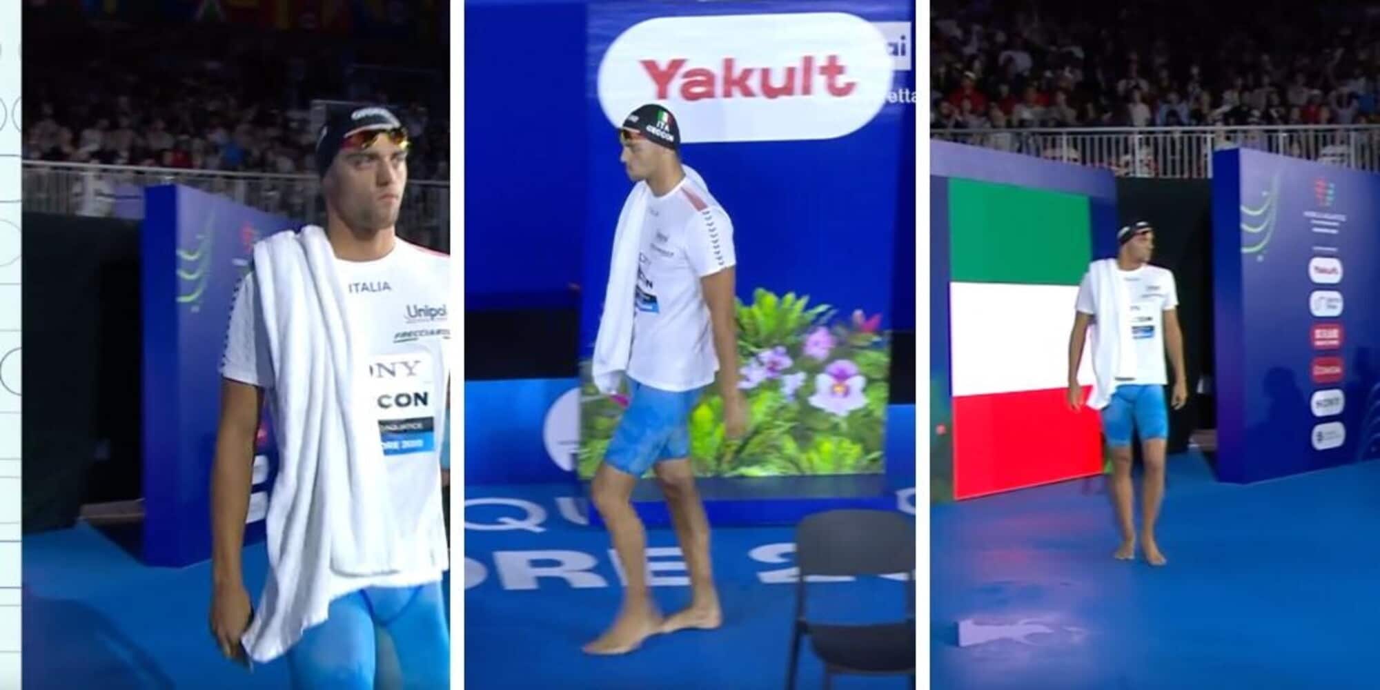 Ceccon, l'entrata in vasca è virale: scalzo, con l'asciugamano e...