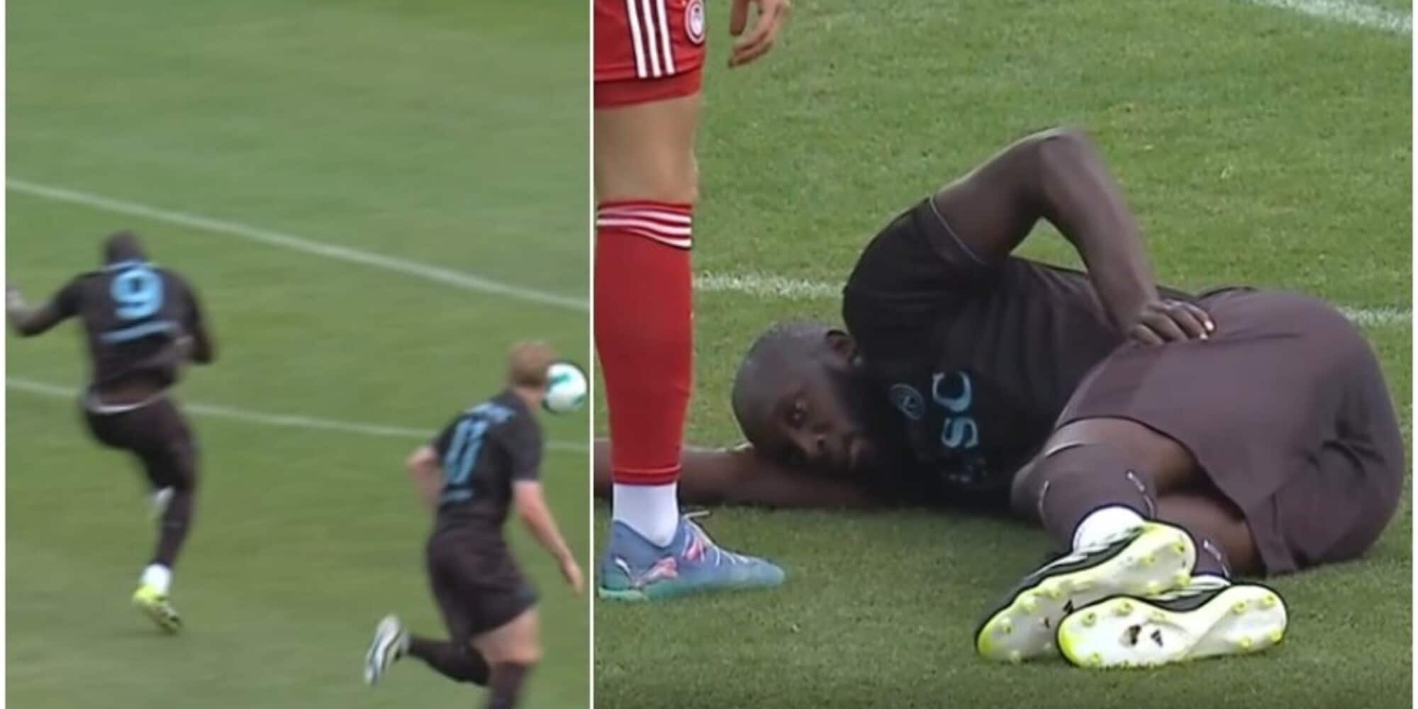 Lukaku calcia il pallone e crolla a terra: infortunio muscolare durante Napoli-Olympiacos