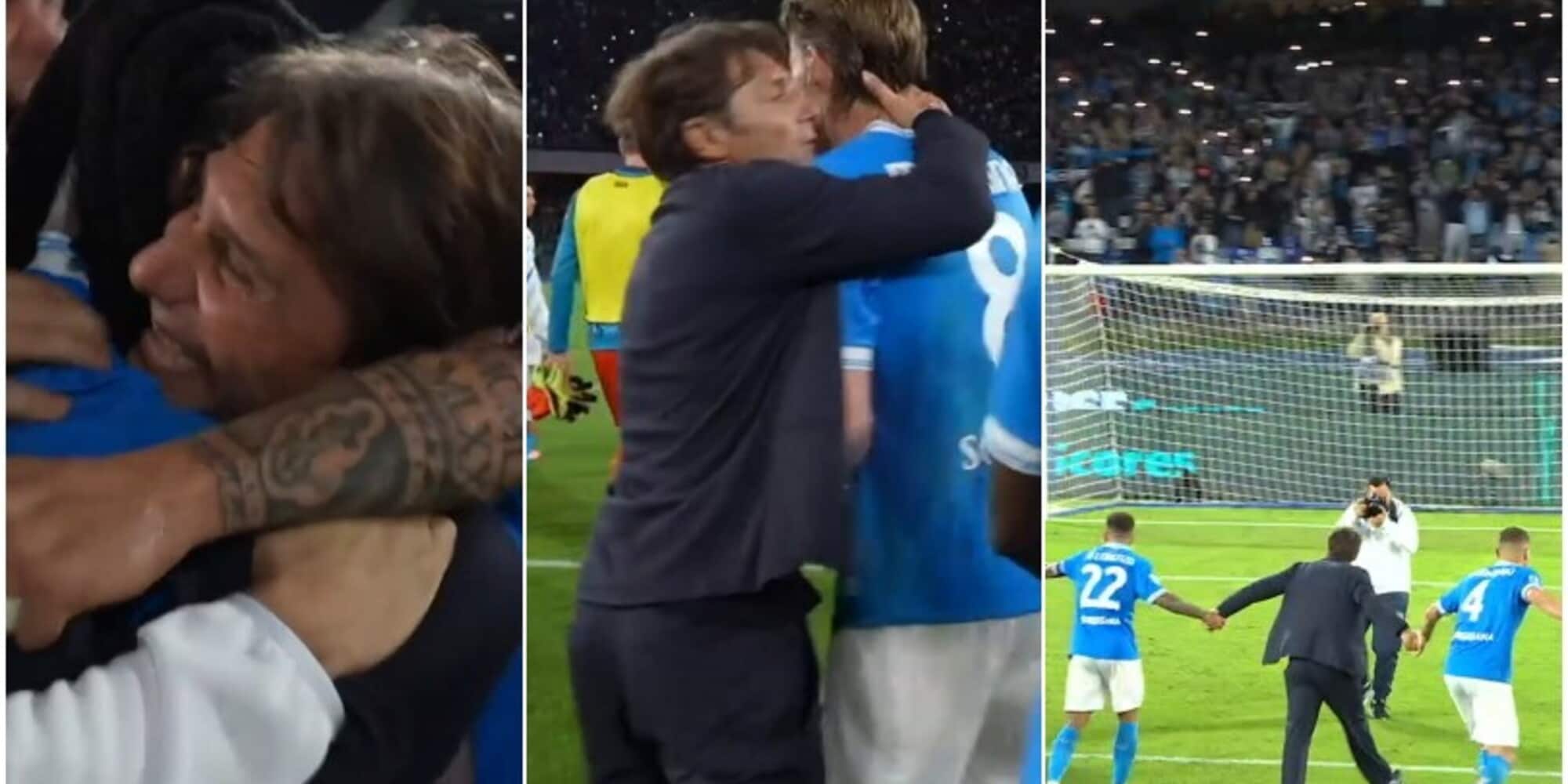 Conte scatenato in campo con la squadra dopo la vittoria del Napoli con l'Inter