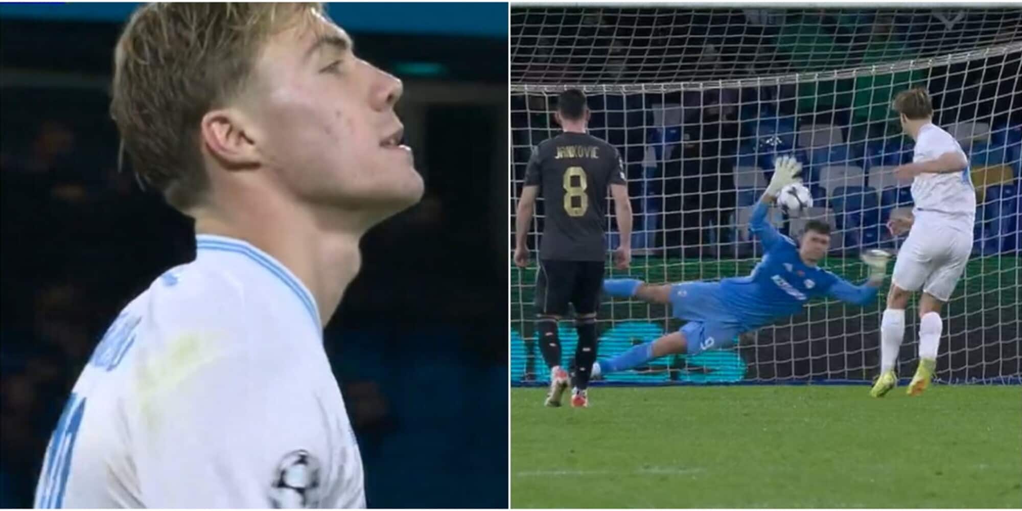 Hojlund sbaglia un rigore in Napoli-Qarabag, poi chiede scusa al pubblico: la fotosequenza