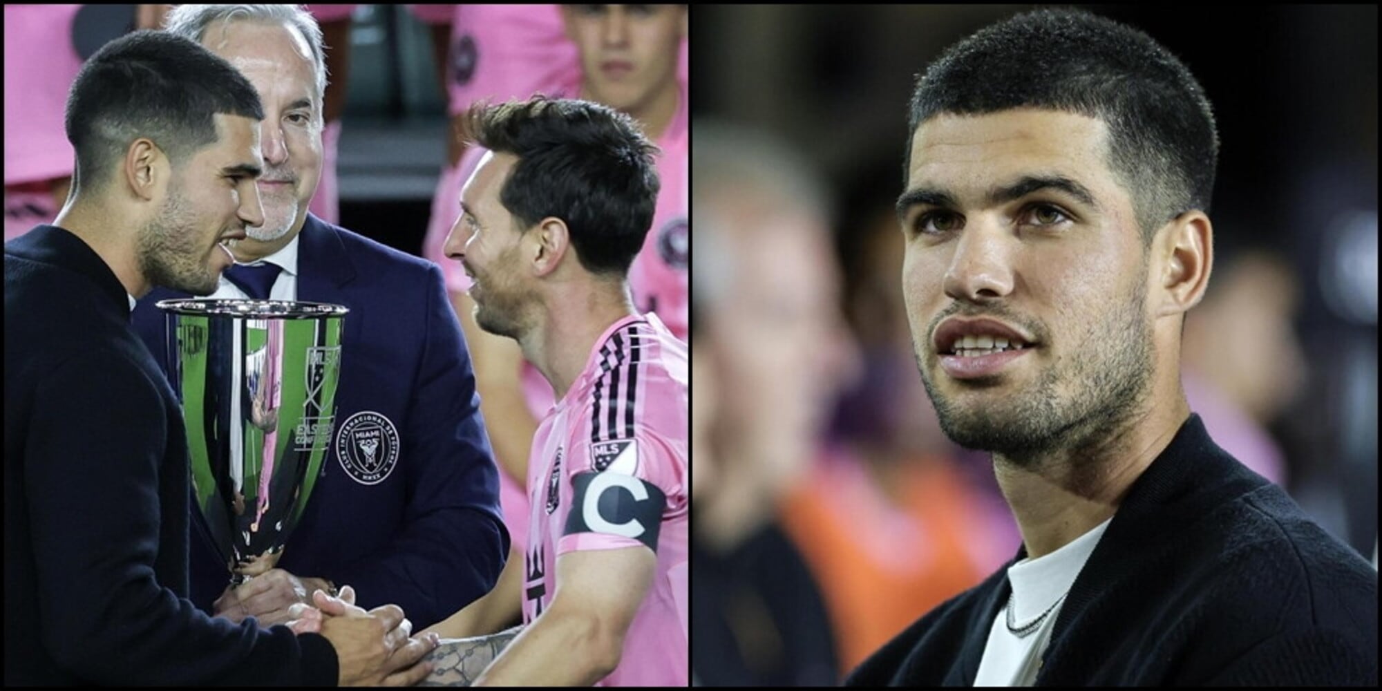 Alcaraz premia Messi e l'Inter Miami: le foto mentre consegna il trofeo