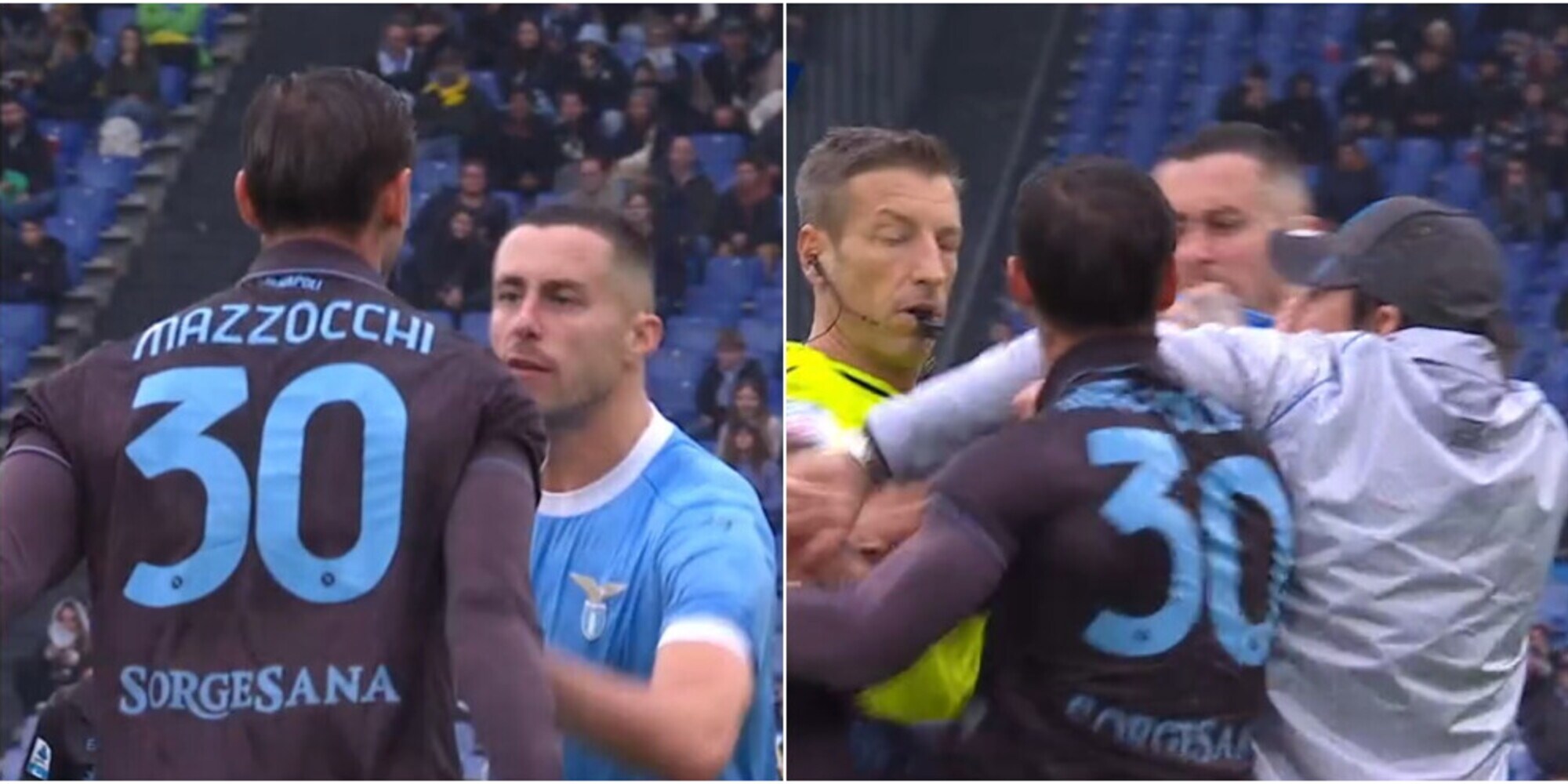 Bufera Lazio-Napoli, maxi rissa nel finale: Conte in campo per dividere Mazzocchi e Marusic