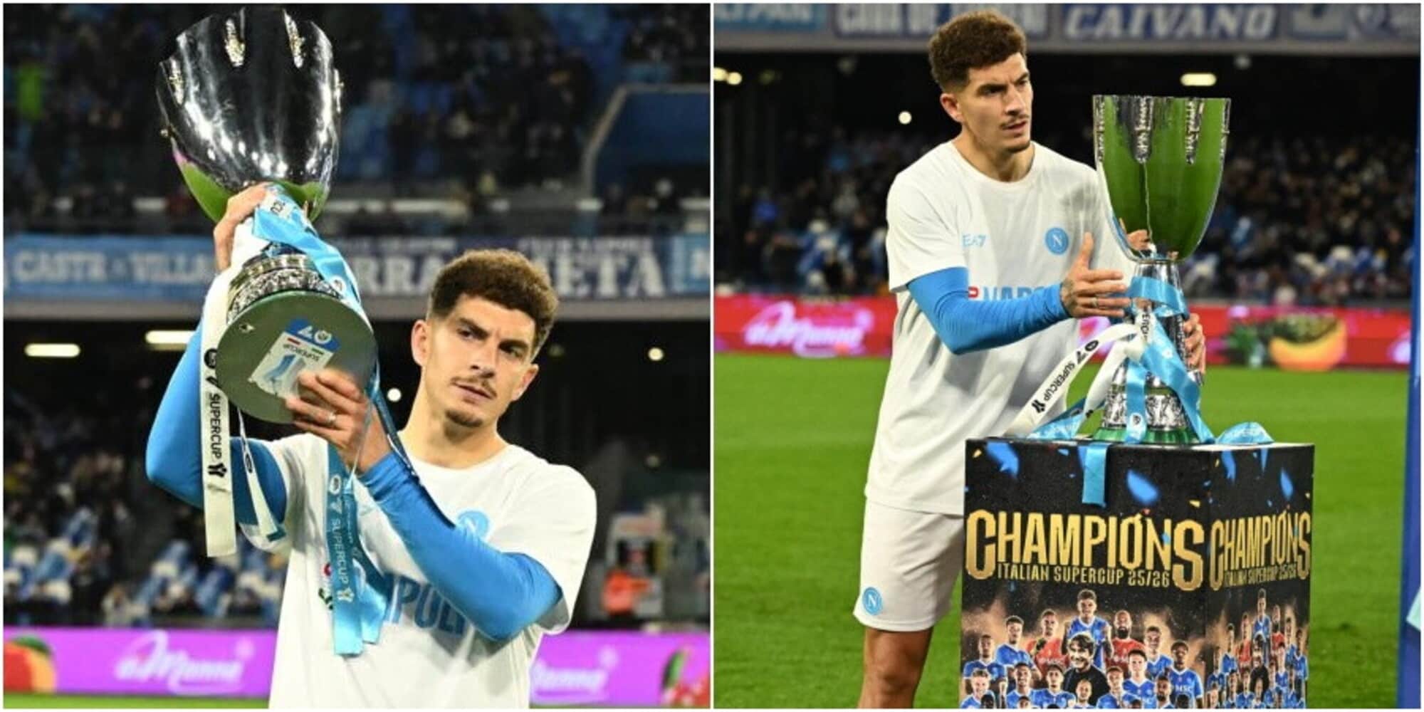 Il Napoli porta in campo la Supercoppa italiana: Di Lorenzo la mostra ai tifosi
