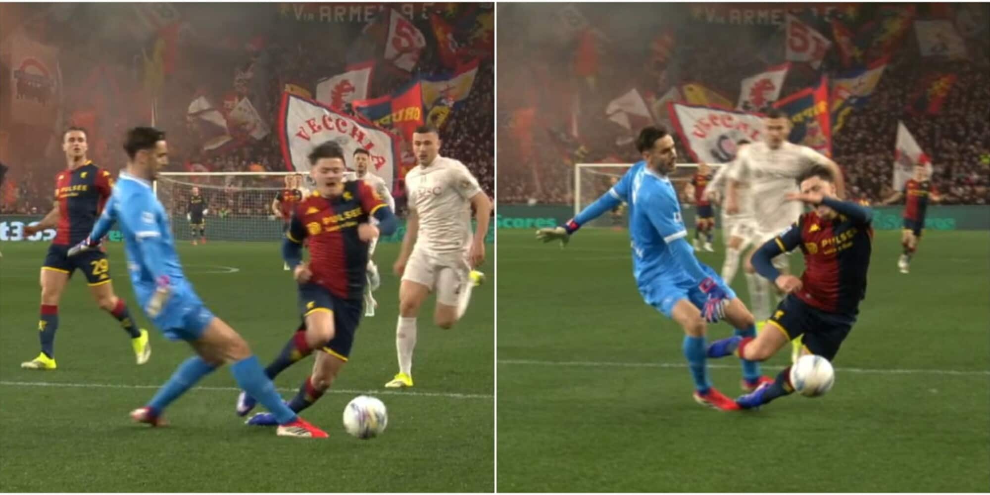 Meret atterra Vitinha in area dopo soli 30 secondi e regala un rigore: che svarione in Genoa-Napoli