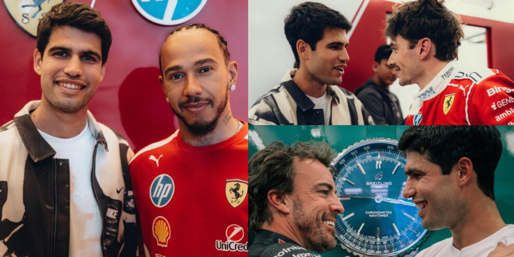 Alcaraz con Hamilton, Leclerc e Alonso: le foto nei box Ferrari e Aston Martin in Bahrain