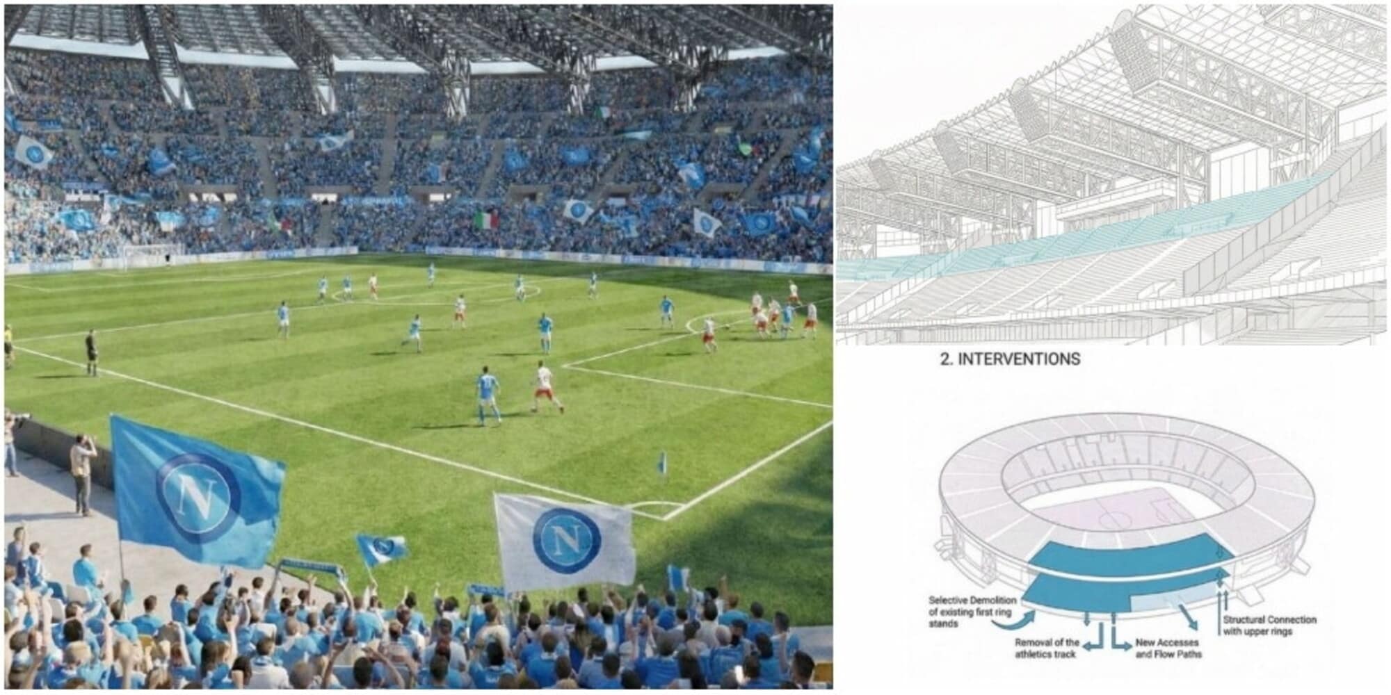 Come sarà il nuovo Stadio Maradona: via la pista di atletica, le immagini del rendering