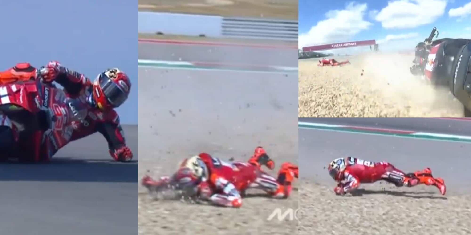 Che paura per Marc Marquez, scivola a quasi 200km/h sulla ghiaia: bandiera rossa ad Austin