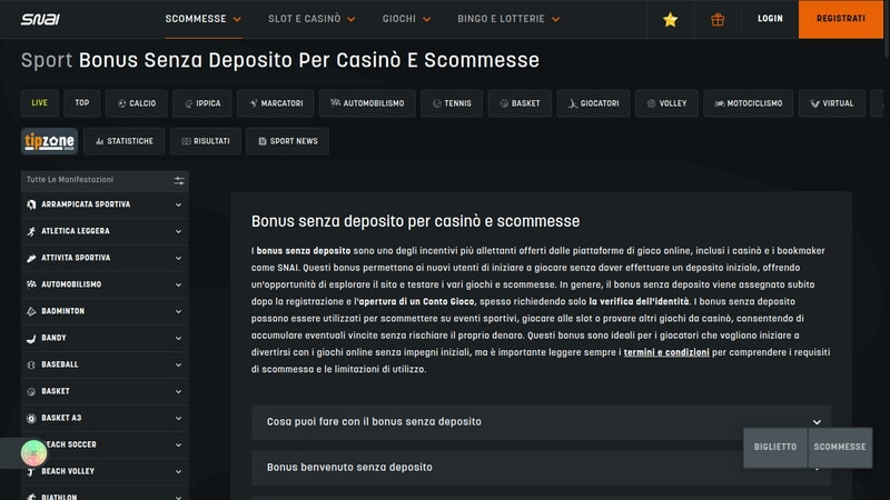 Interfaccia della piattaforma Snai su dispositivo mobile