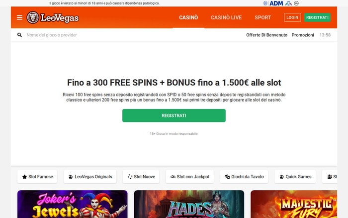 Homepage del casinò online leovegas con catalogo giochi e bonus