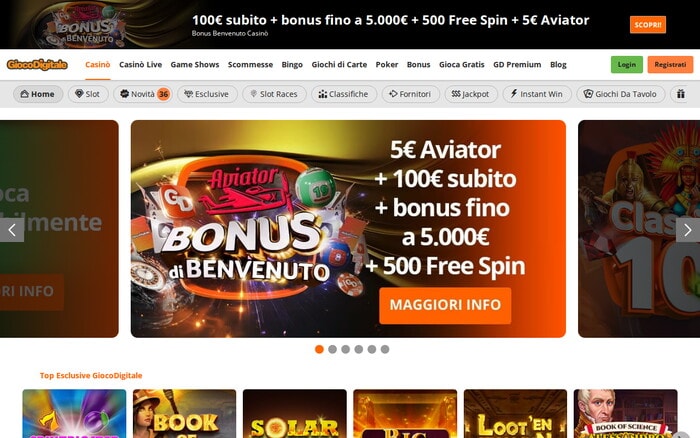 Homepage del casinò online giocodigitale con catalogo giochi e bonus