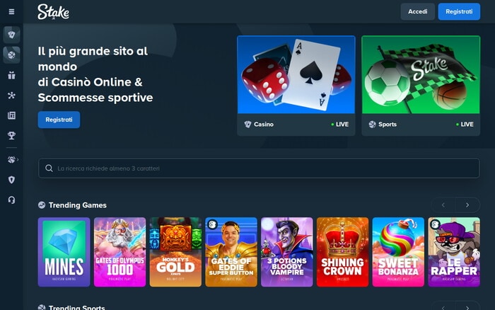Homepage del casinò online Stake.it con catalogo giochi e bonus